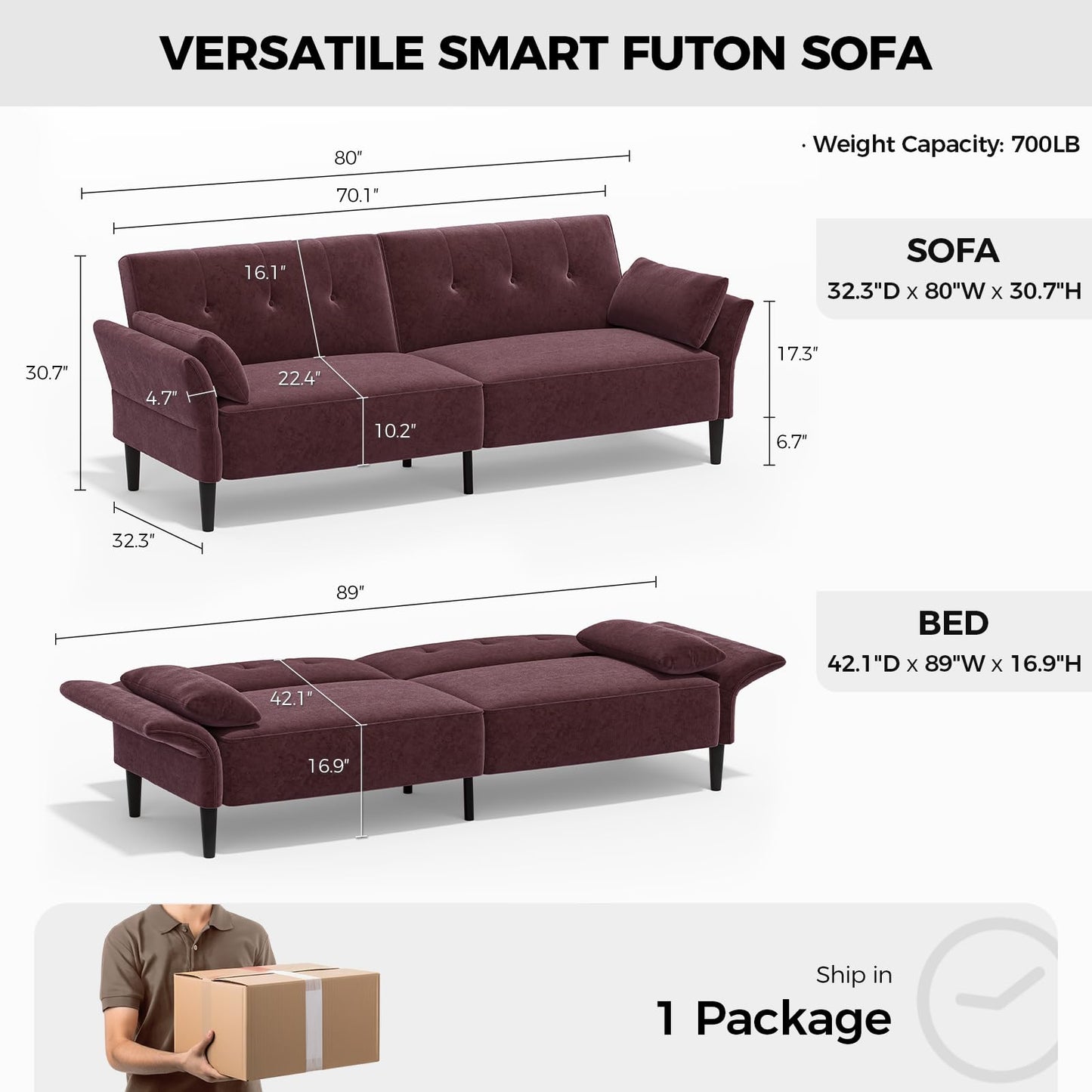 COPIAE 89” Futon Sofa Bed, Velvet Fabric Comfy Futon Couch Bed with 2 Square Pillows, Convertible Sleeper Sofa with Adjustable Backrest& Armrests, Modern Loveseat Sleeper for Living Room, Burgundy