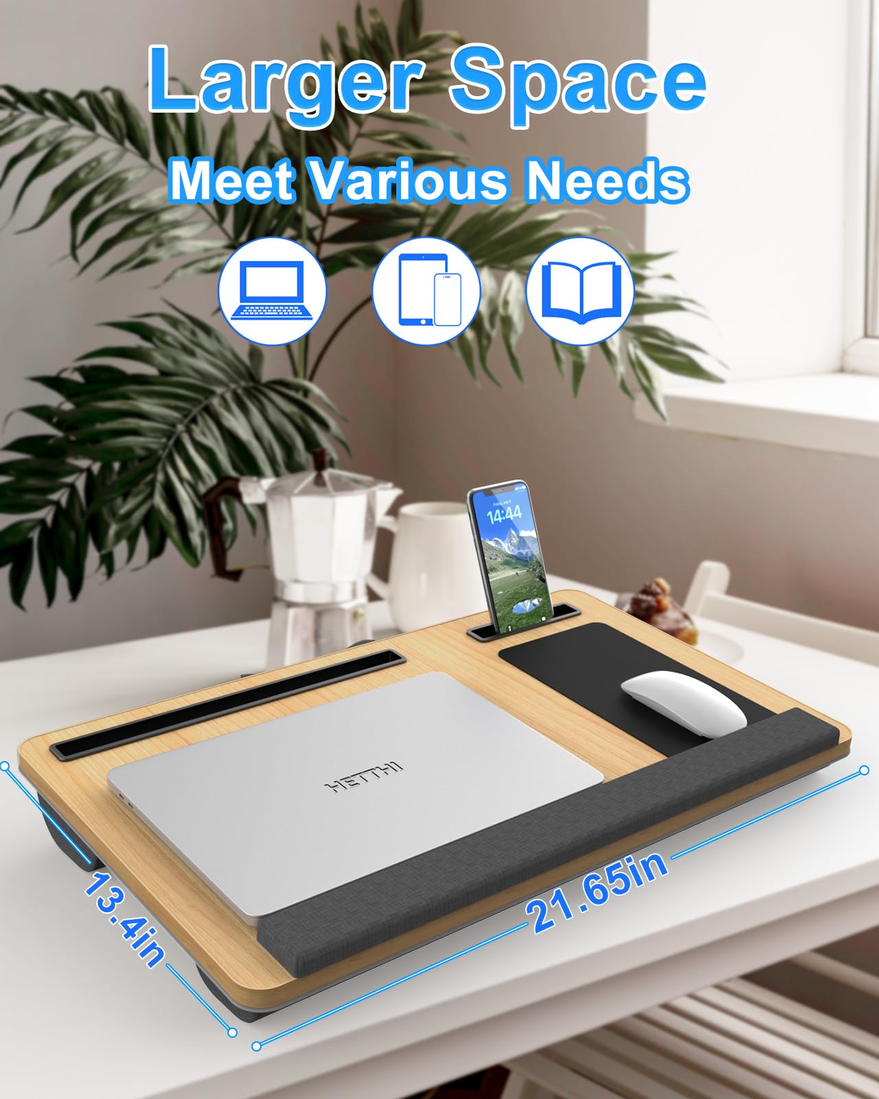 HETTHI Laptop Lap Desk, Portable Large Laptop Desk for Bed, Up to 17 in Lap Table with Wrist Rest, Mouse Pad, Tablet Phone Slot, Portable Handle, Cushion (Light Brown)