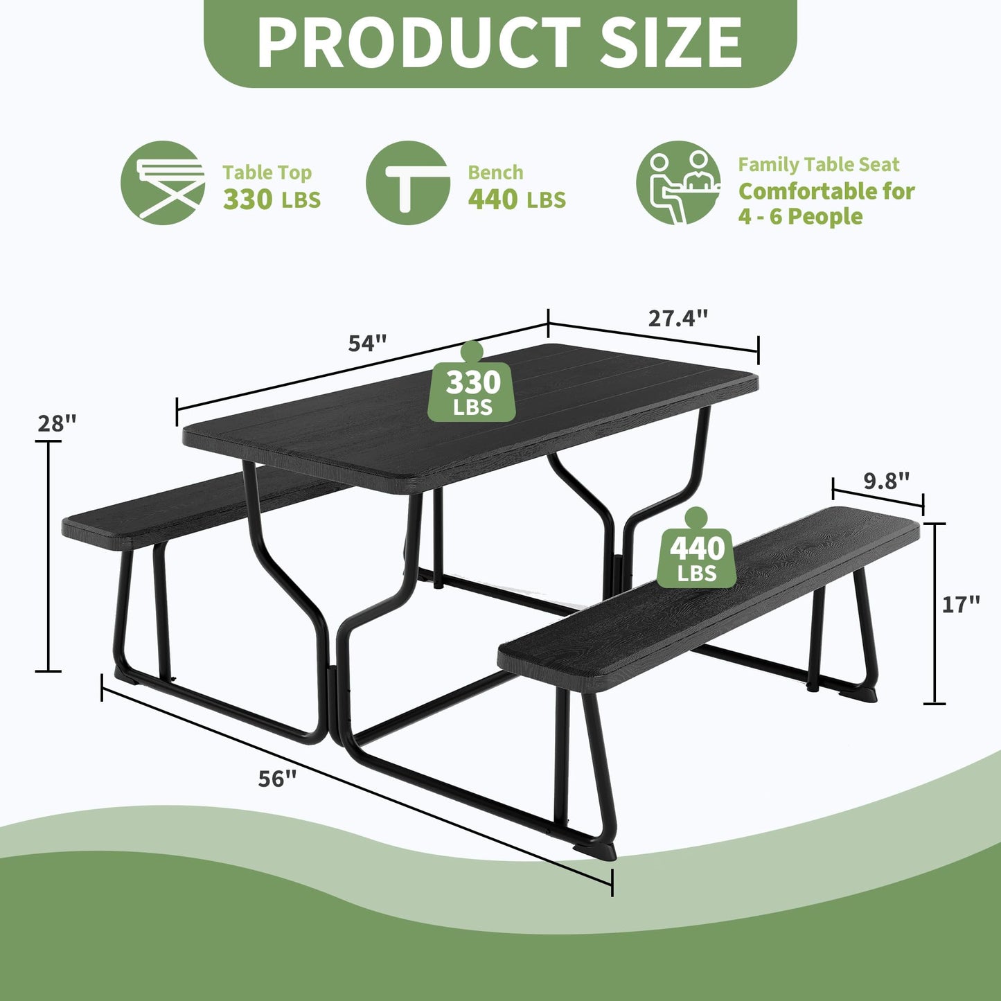 Reljofum Outdoor Picnic Table and Bench Set, All Weather Camping Picnic Tables, Wood Grain Tabletop & Metal Frame, Picnic Tables for Outdoors Camping Backyard Deck Patio Poolside Dining Party, Black