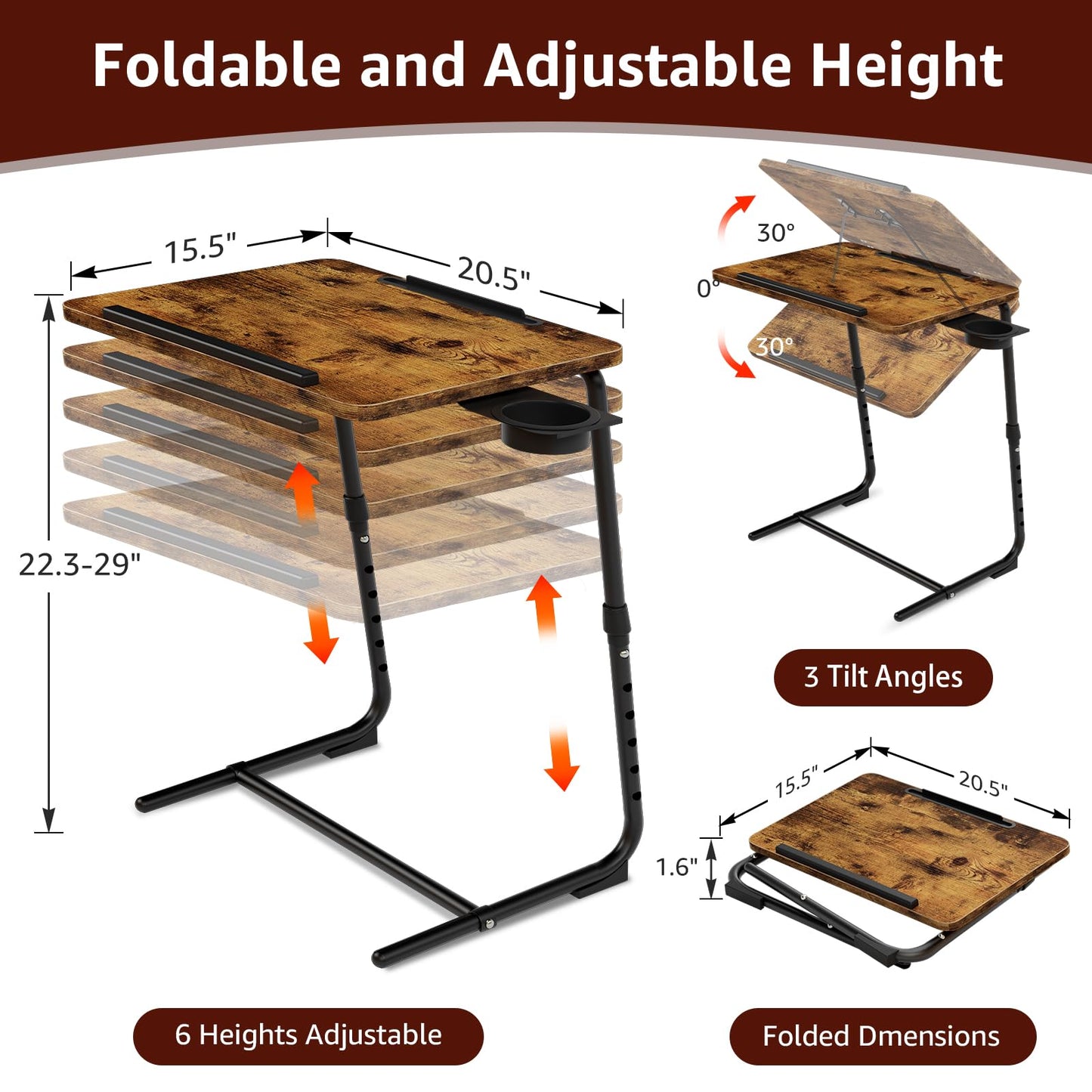 TV Trays Set of 2 - Folding TV Tray Adjustable Dinner Trays for Eating On Couch Wooden Tables Mate Stand Foldable Rustic Desk with Cup Holder Portable