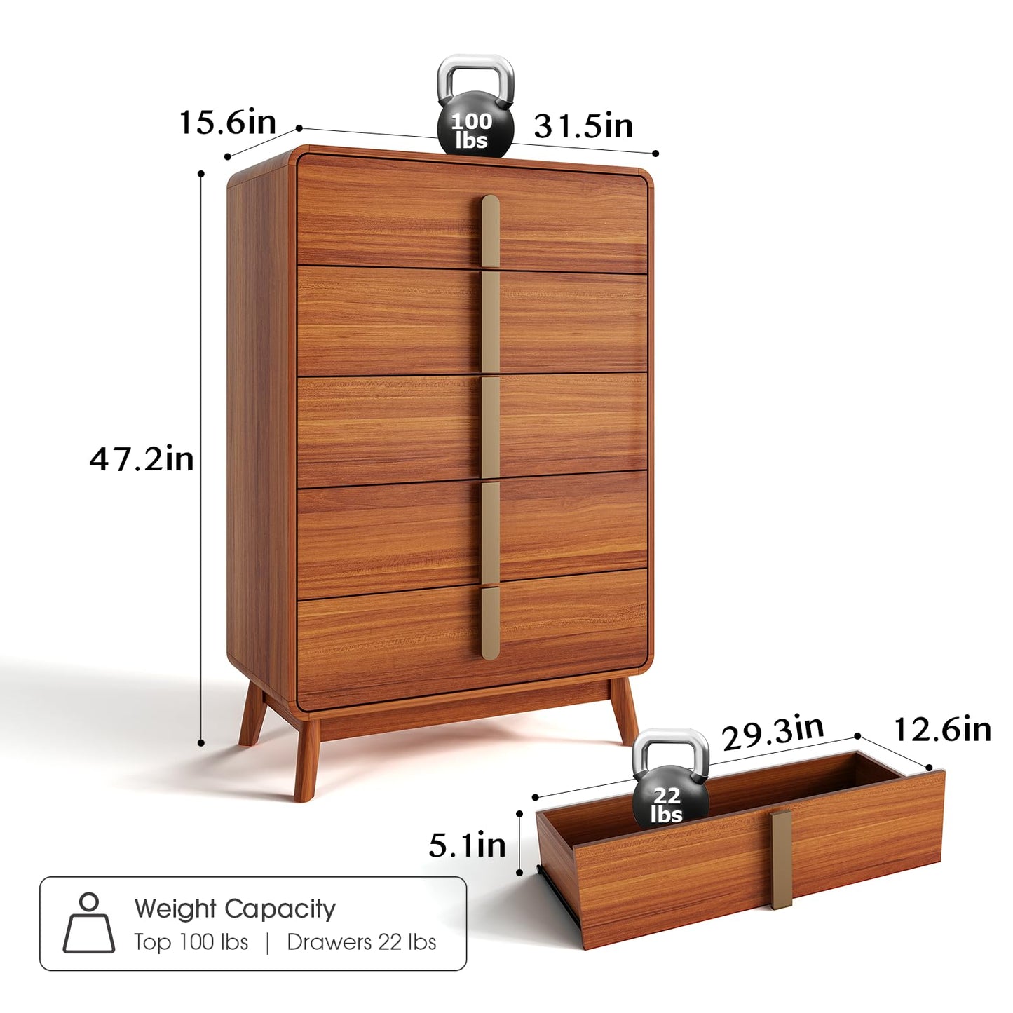 JOINICE,5 Drawer Dresser,Mid Century Modern Dresser with Storage,Tall Modern Chest of Drawers with Metal Handles,Large Wood Drawer Organizer for Bedroom,Living Room,Hallway,Cherry