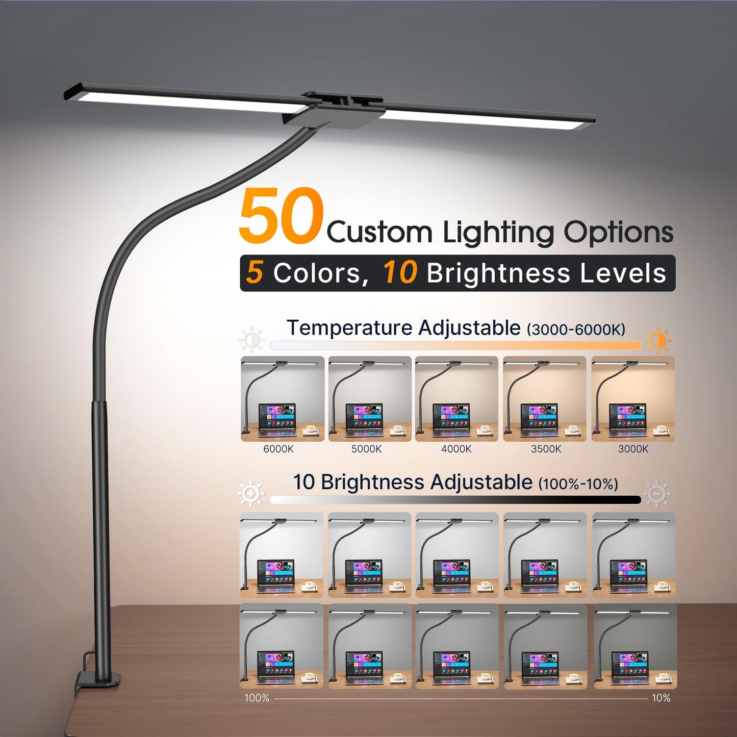 Syrinx LED Desk Lamp for Home Office โ Eye-Caring Dual Head Desk Light with Flexible Gooseneck, Clamp, Gesture/Wired Control, 50 Lighting Modes with Memory/Timer for Study, Crafting