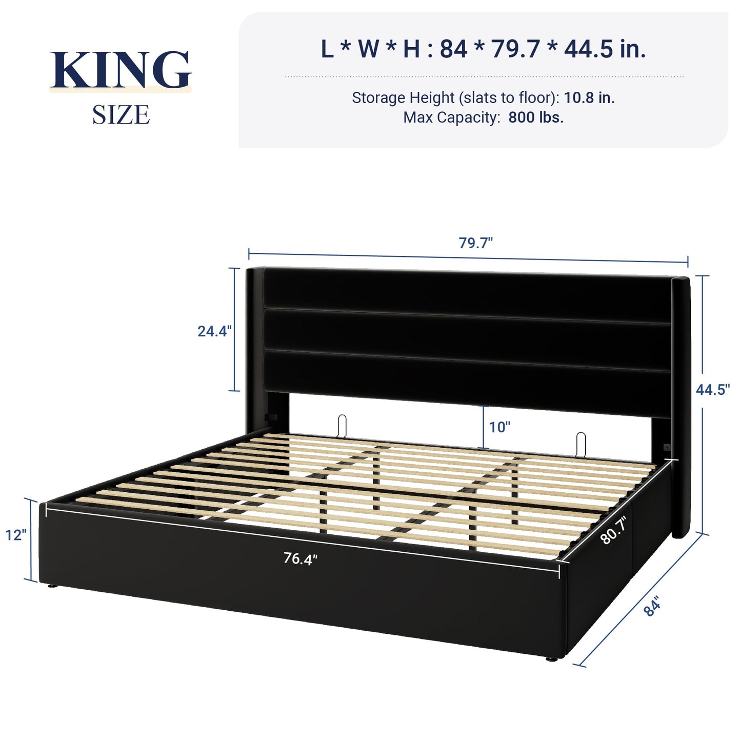 Allewie King Size Velvet Lift Up Storage Bed, Modern Wingback Headboard, Hydraulic Support, No Box Spring Needed, Black