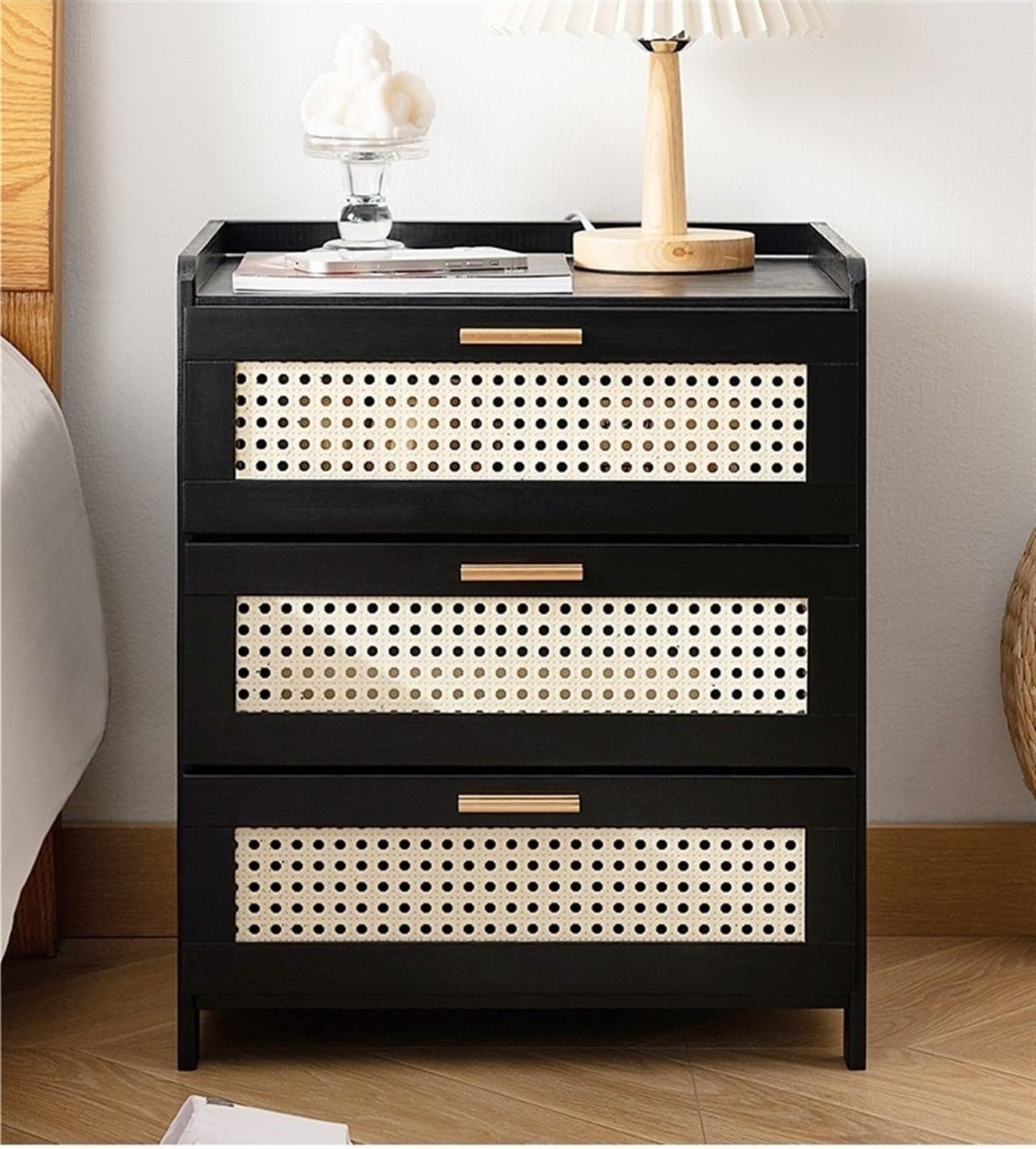 Boho Nightstand, End Table for Bedroom,Rattan Nightstand End Table,3Drawers Storage Ideal for Living Room and Small Space (Brown), for Home(Black)