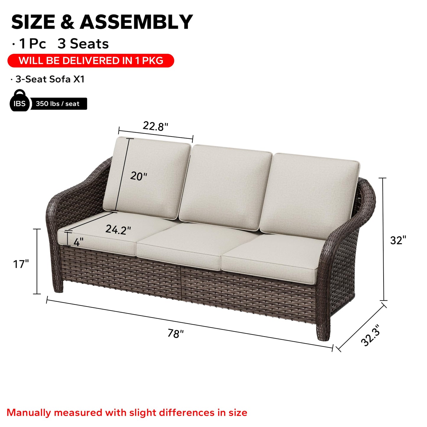 MeetLeisure 78" Wicker 3-seat Sofa, Outdoor Conversation Furniture, All-Weather Rattan Couch, Steel Frame Couch with Cushions for Garden, Poolside, Porch (Beige)