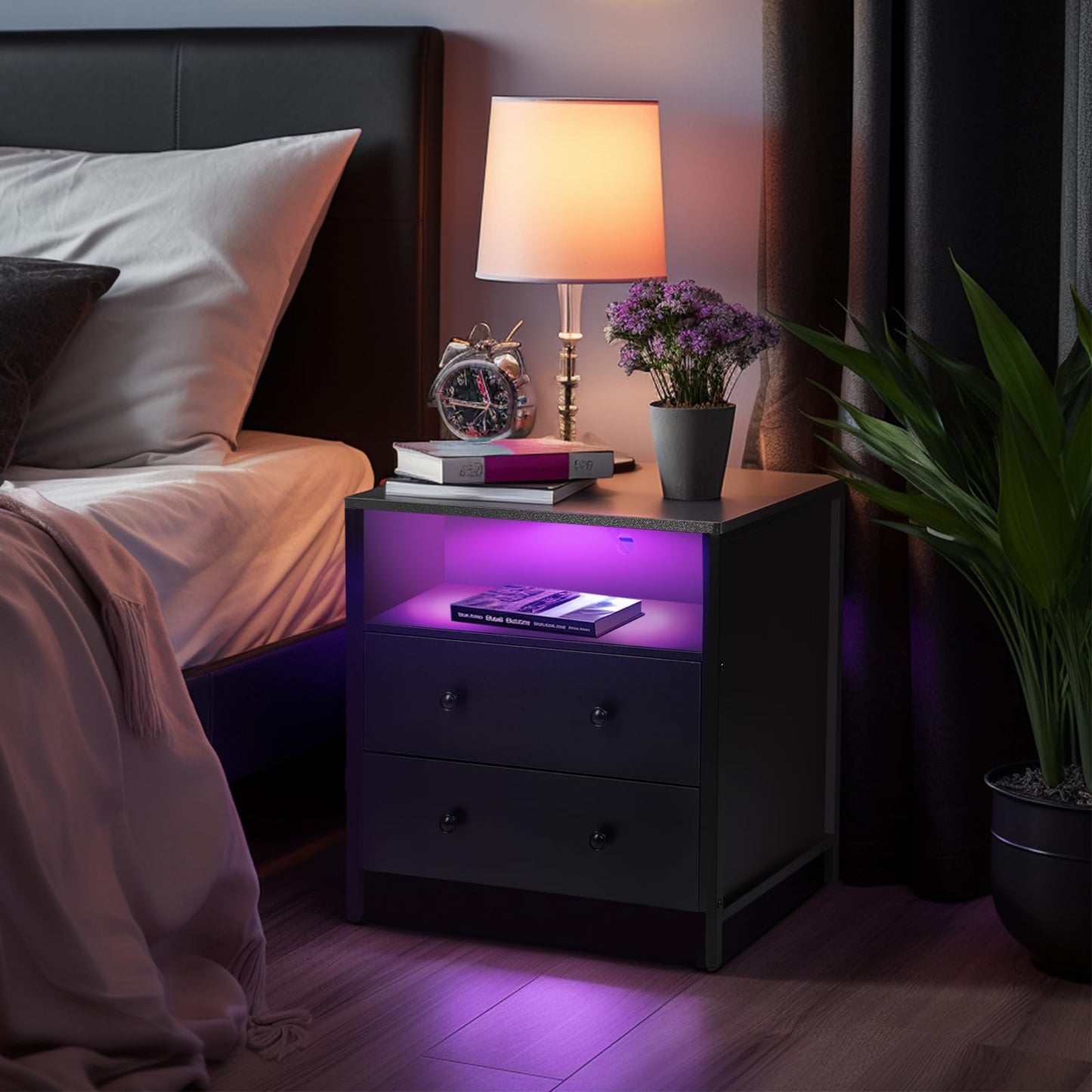 Tykacna 27 Inch Wide Night Stand, Large Wood Night Stand with 2 Drawer, LED Nightstand with Charging Station and Adjustable Drawer, Bedside Table for Living Room/Bedroom/Study/Office, Black.