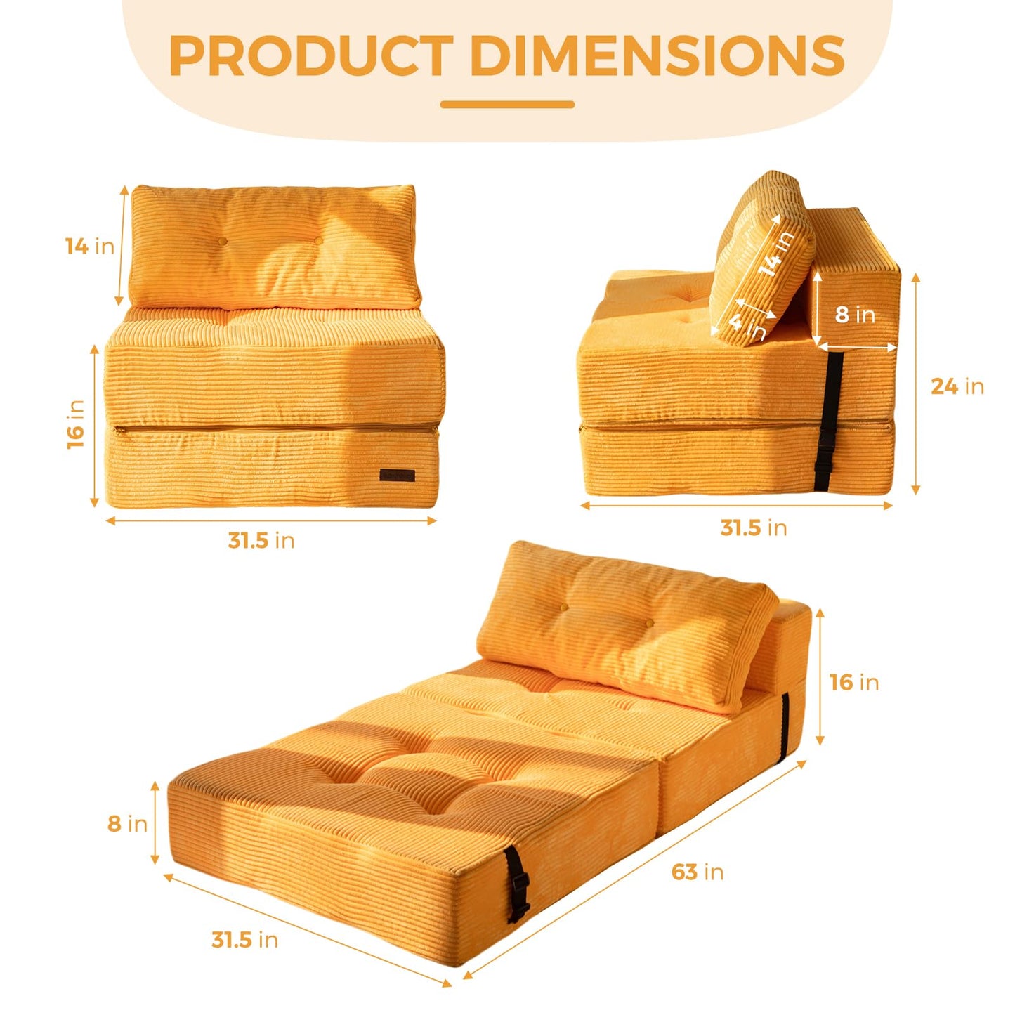 MAXYOYO Folding Sofa Bed, Convertible Sofa Bed with High-Density Support Foam, Portable 4 in 1 Fold Out Chair to Floor Lounger, Versatile Floor Couch for Living Room Bedroom, Orange