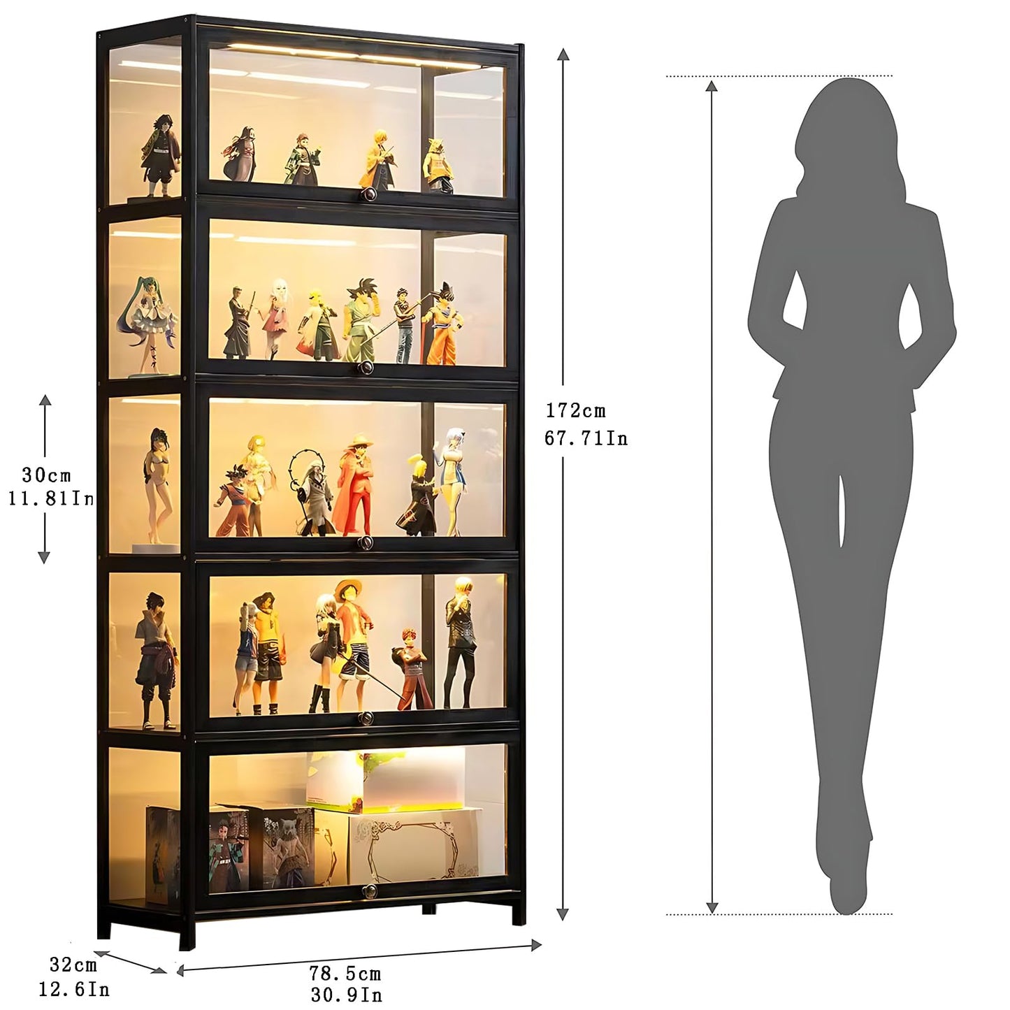 Curio Display Cabinet, 5-Tier Display Case with Acrylic Glass Doors, 67" Tall Transparent Bamboo Curio Display Shelf for Collectibles, Storage Cabinet for Playroom, Bedroom, Office, Living Room, Black