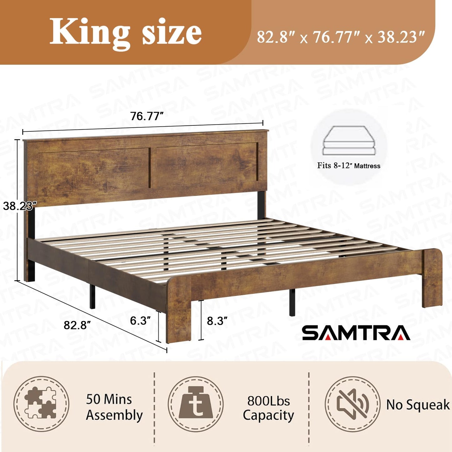 SAMTRA Wooden Bed Frame King Size with Headboard, Farmhouse Platform Bedframe with Wood Slat Support, Sturdy Framework Bed Frame, Easy Assembly (Rustic Brown)