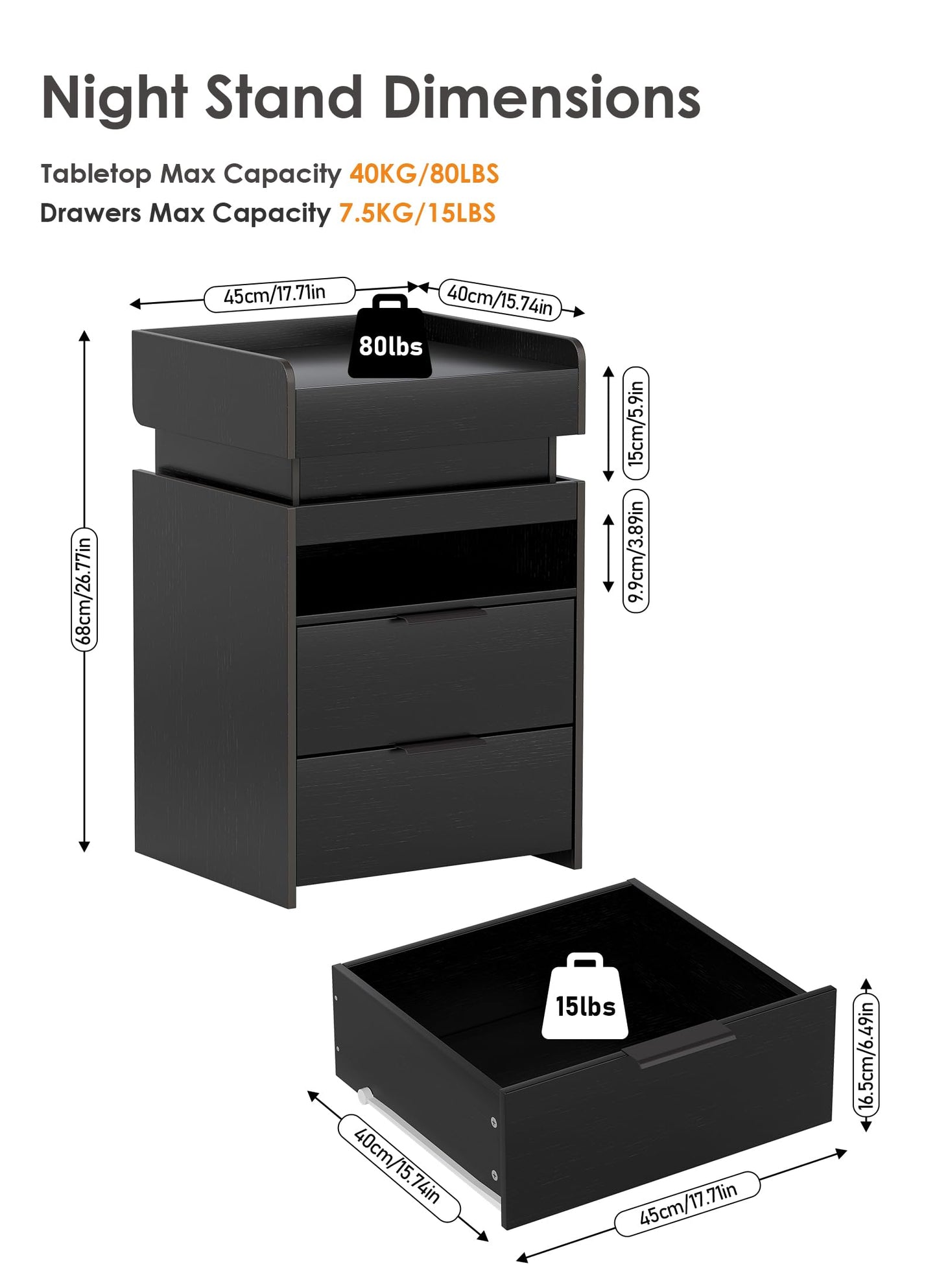Night Stand with Gun Drawer - Modern Nightstand with Charging Station & LED Lights Widen Bedside Tables with 2 Drawers Hidden Sliding Top Storage Open Cabinet End Table for Living Room Bedroom Black