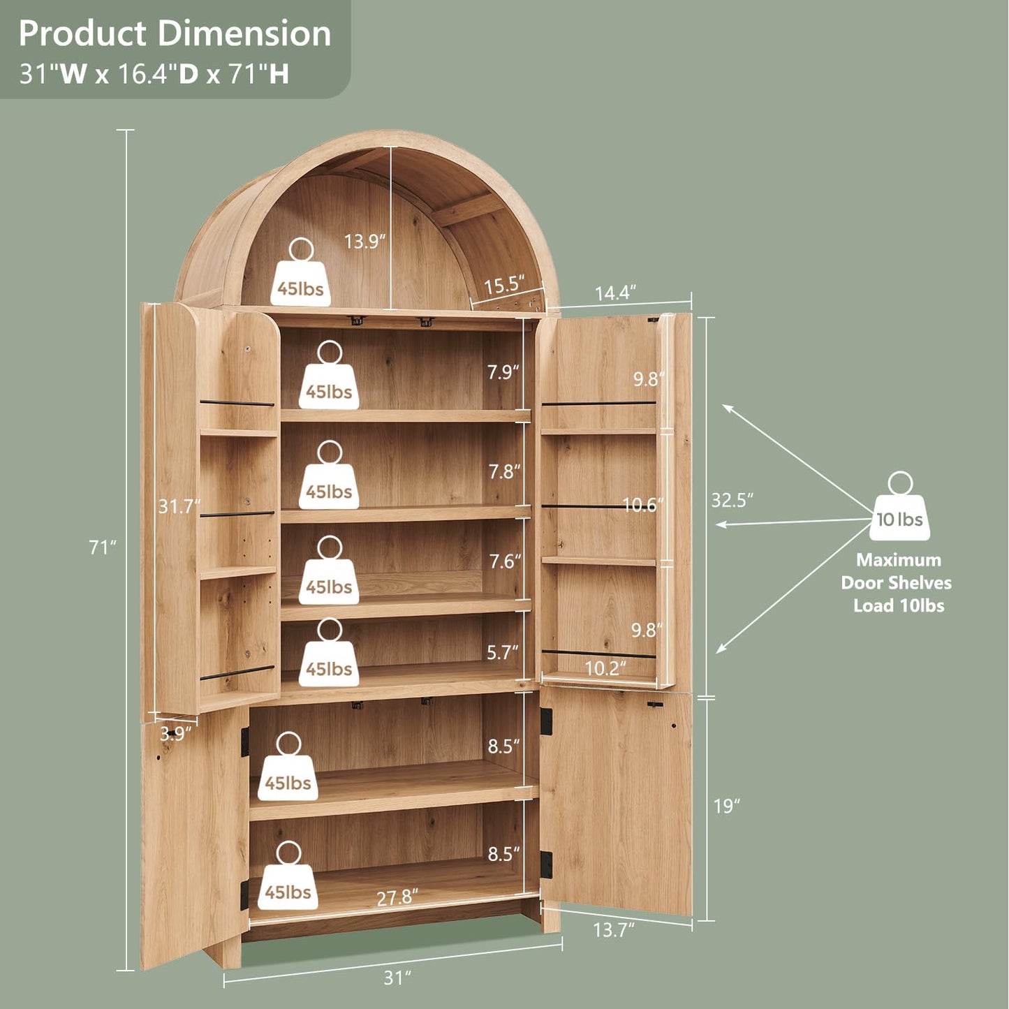 IFBUY 71" Tall Arched Bathroom Storage Cabinet, Modern Fluted Storage Cabinet w/Doors, 3 Adjustable Shelves, 6 Door Shelves, Wood Freestanding Cabinet for Bathroom, Entryway, Hallway, Natrual