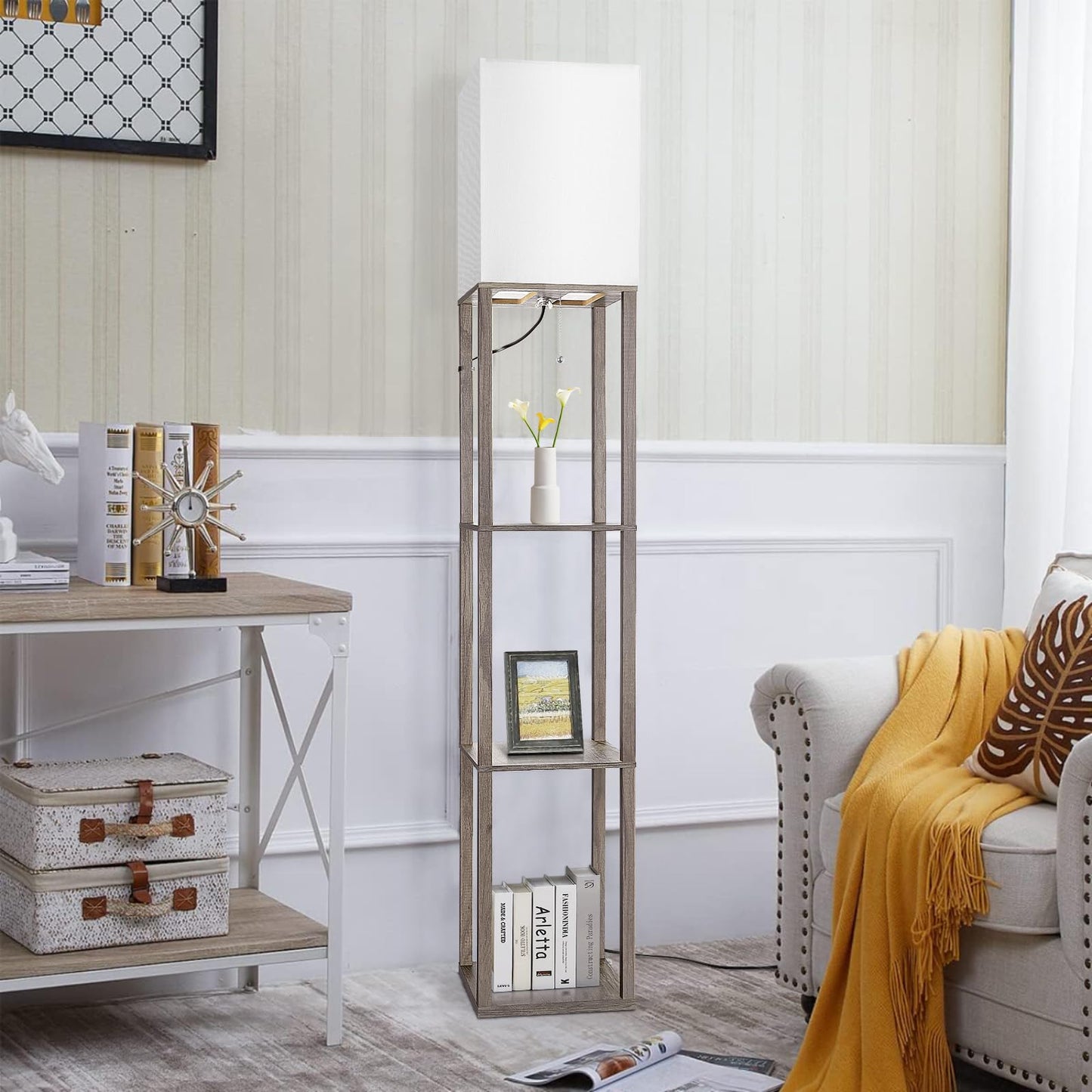 Floor Lamp with Shelves,Wood Corner Floor Lamps for living room tables with 3 CCT LED Bulb,Modern Display Bookshelf Nightstand Lamps,Column Standing Lamp for Bedroom Office Home Decor-Rustic Wood