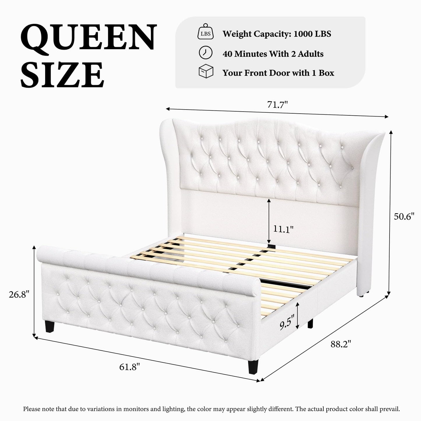 Queen Size Bed Frame Chenille Upholstered Platform Sleigh Bed with 51" Scroll Wingback Tall Headboard & Footboard/Deep Button Tufted/Easily Assemble/Wood Slats Support/No Box Spring Required/Cream