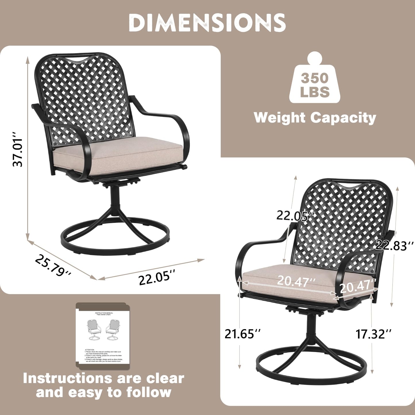 MELLCOM Patio Swivel Chair Set of 2, Heavy Duty Outdoor Dining Chairs with Thickened Cushions, Metal Patio Chairs Gentle Rocker for Outside, Garden & Porch, Backyard, Beige