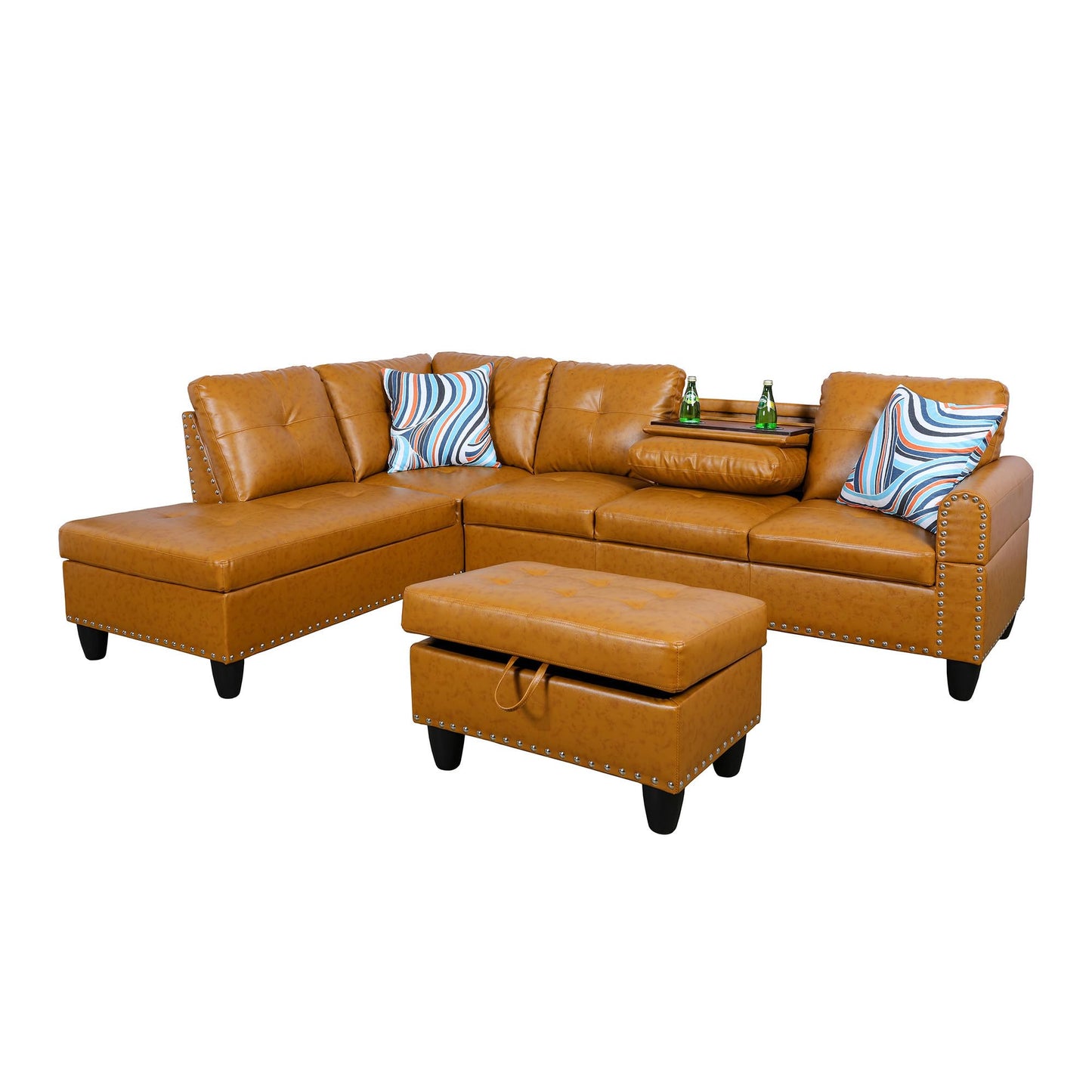 Osparple Sectional Couch L Shaped Couch for Living Room 3 Pieces Semi PU Synthetic Leather Modular Sectional Sofa Set with Chaise, Ottoman with Storage for Small Apartment, Ginger