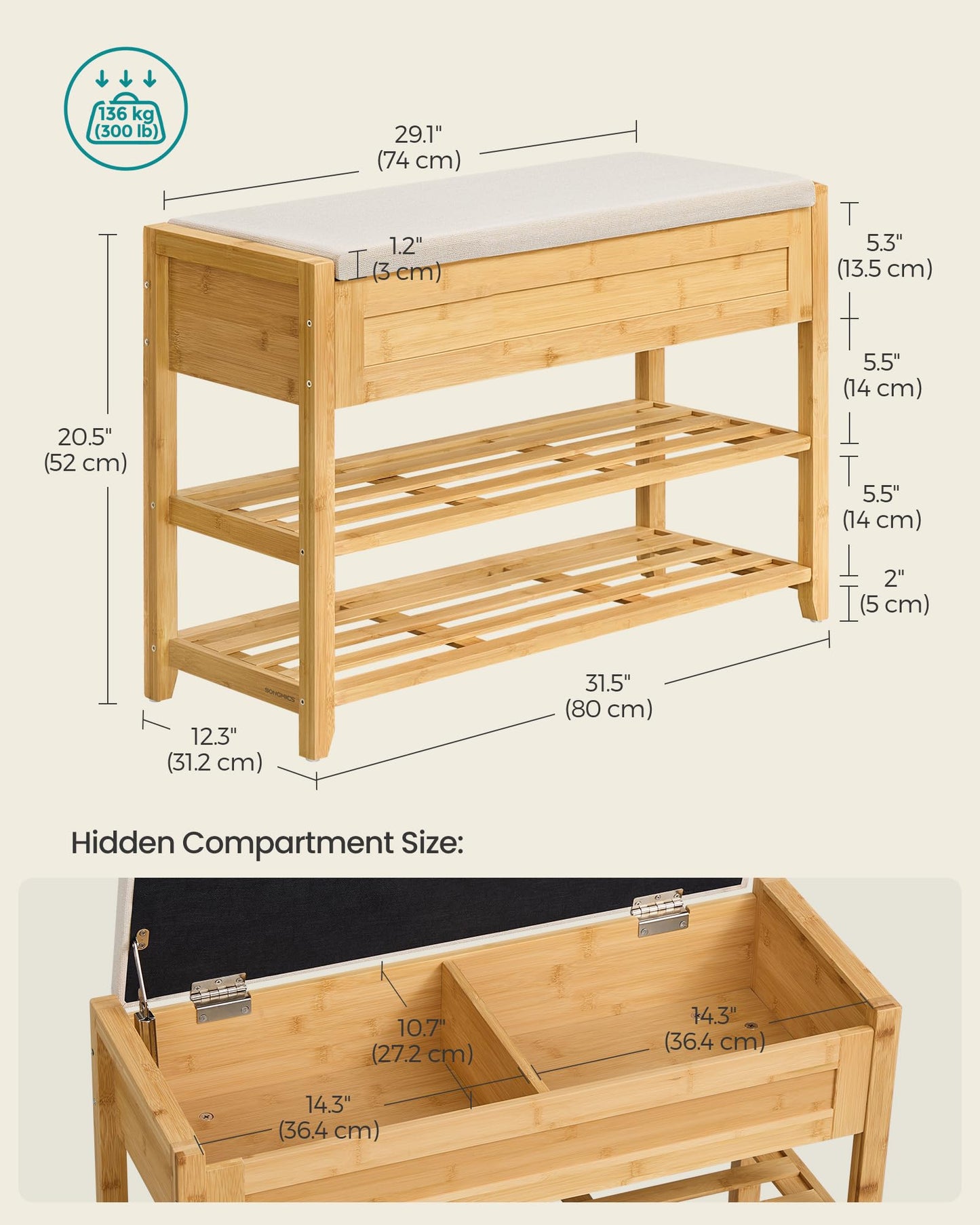 SONGMICS Storage Bench, Bamboo Shoe Rack, Entryway Furniture, 31.5 Inches Wide, Hidden Storage Compartments, 2-Tier Shoe Shelves, for Entryway, Living Room, Bedroom, Dorm, Natural Beige ULSB056N01