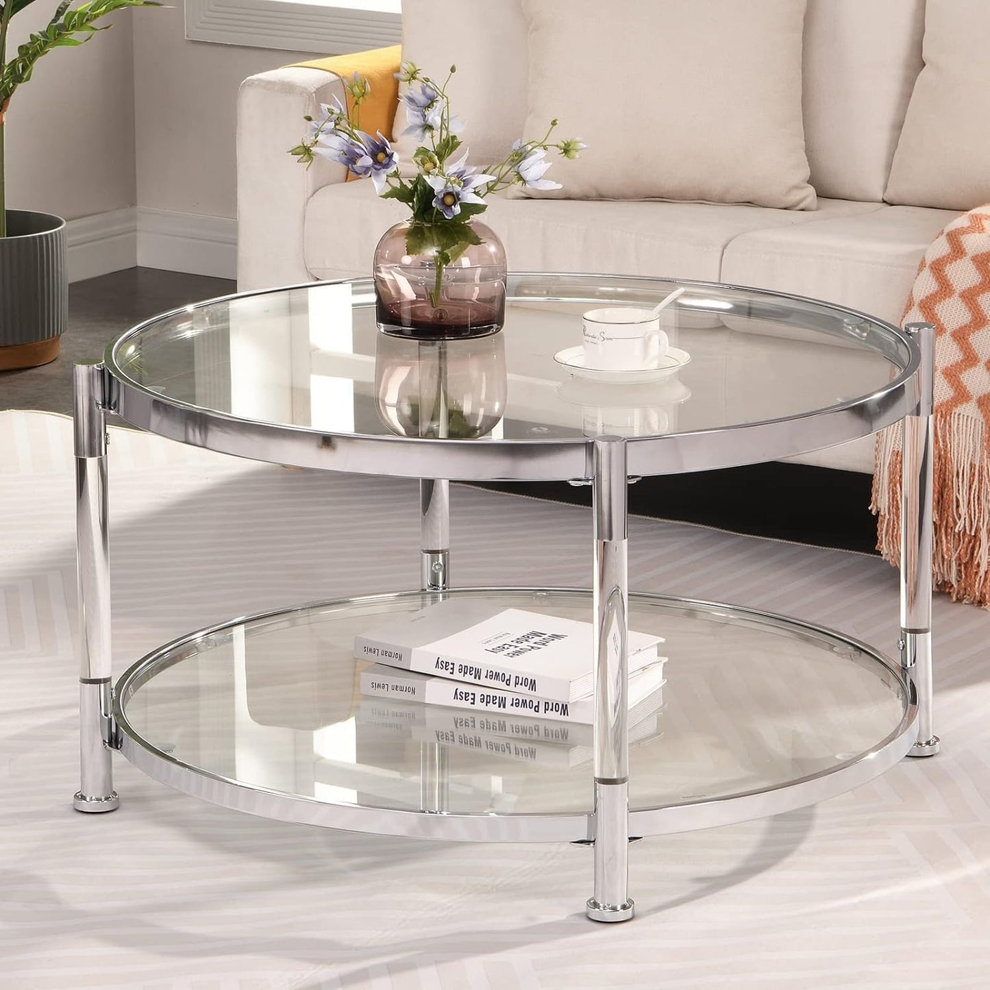 KUVADAZ Round Coffee Table with Silver Chrome Metal Base, 2-Tier Clear Glass Coffee Table Modern Living Room Center Tables, Circle Acrylic Cocktail Tables for Home Office