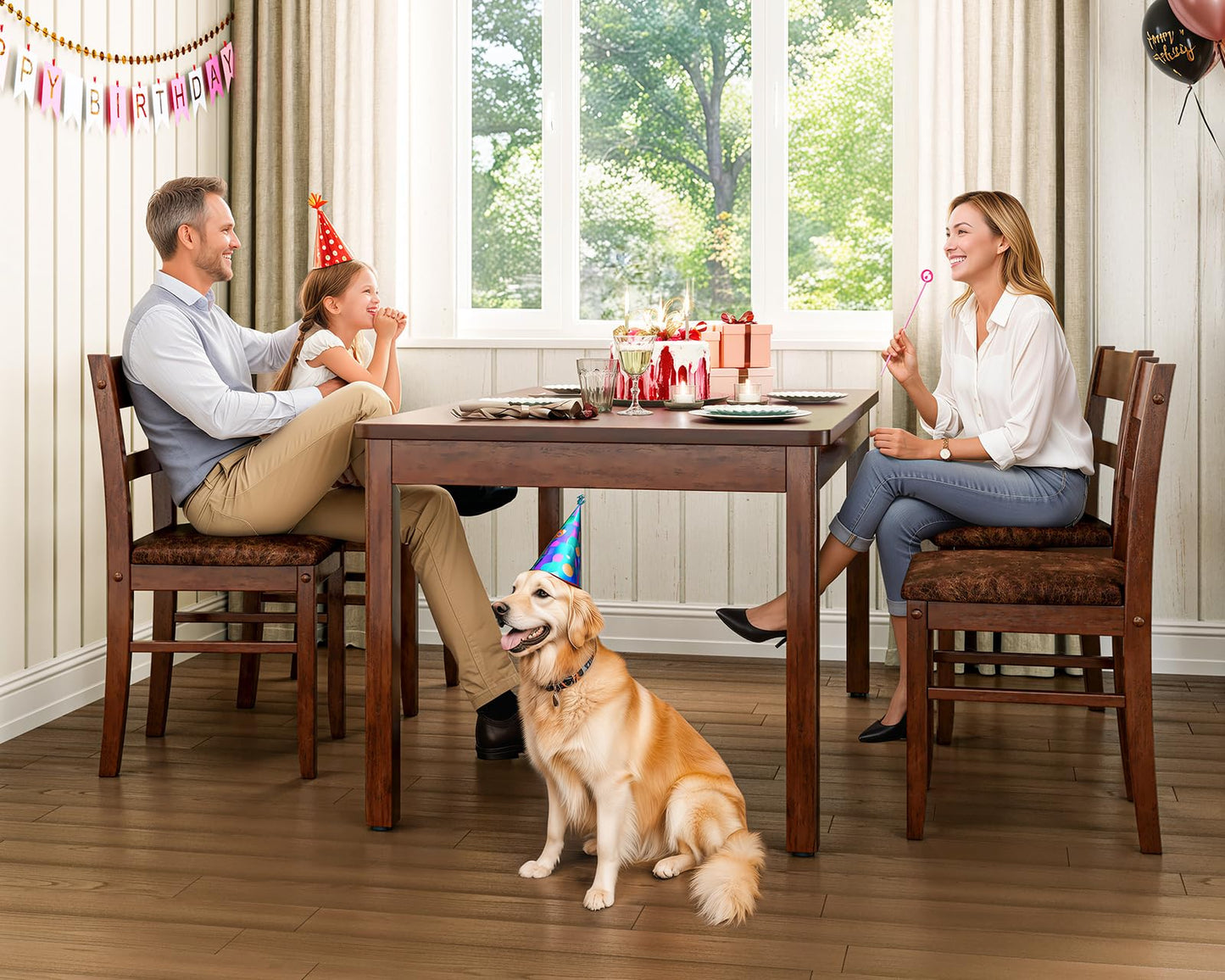 KKL Dining Table Set for 4, 5-Piece Solid Wood Kitchen Table and Upholstered Chairs, Space-Saving Dining Set with Padded Seats, Compact for Apartment, Home, Small Dining Room, Coffee Brown