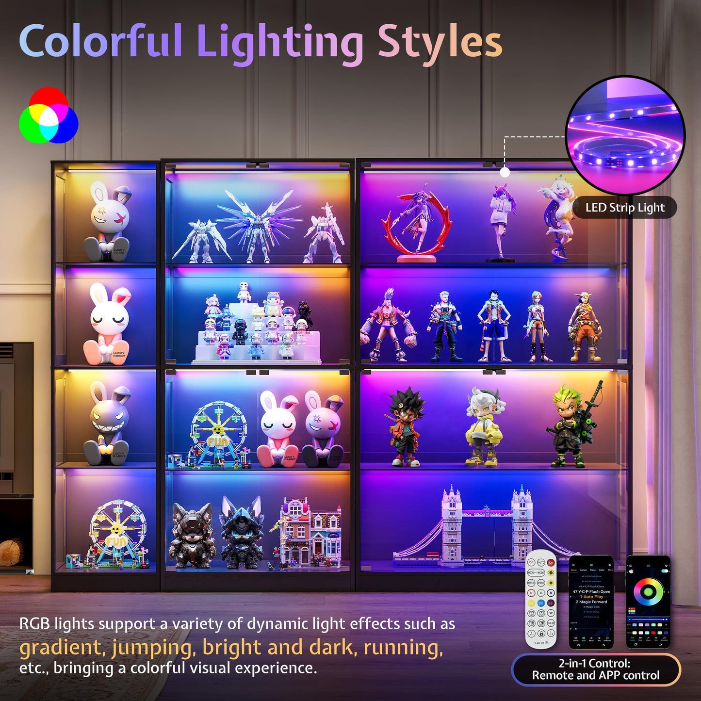 Jocisland 18x14 Inch Display Cabinet with RGB Lights, 4-Tier Storage Display Case for Collectibles, Adjustable Shelves, MDF and Tempered Glass, Black
