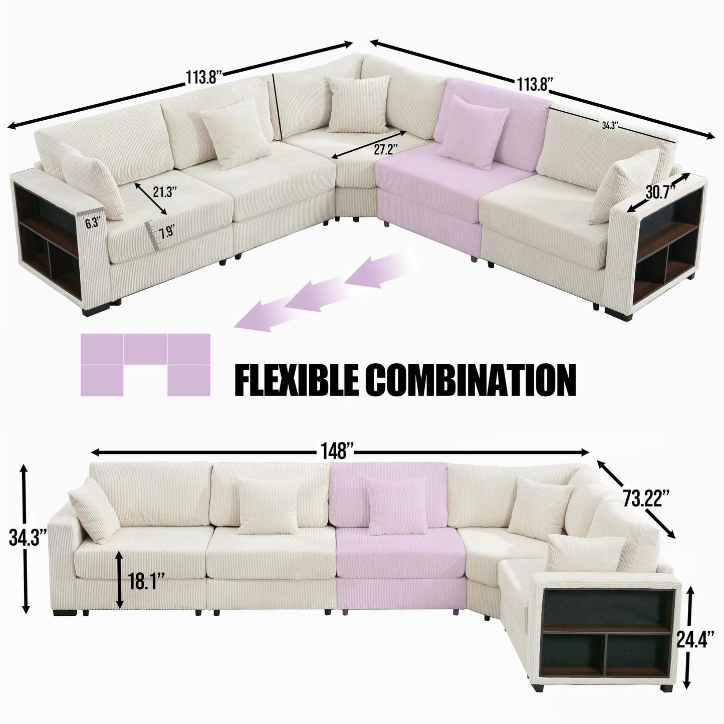 Makkki 148'' Oversized L-Shaped Corner Sofa Couches, Large Convertible Modular Sectional Sofa, Extra Deep Oversized 5 Seat Set with Chaise&Storage Cabinet for A Cozy Living Room, White