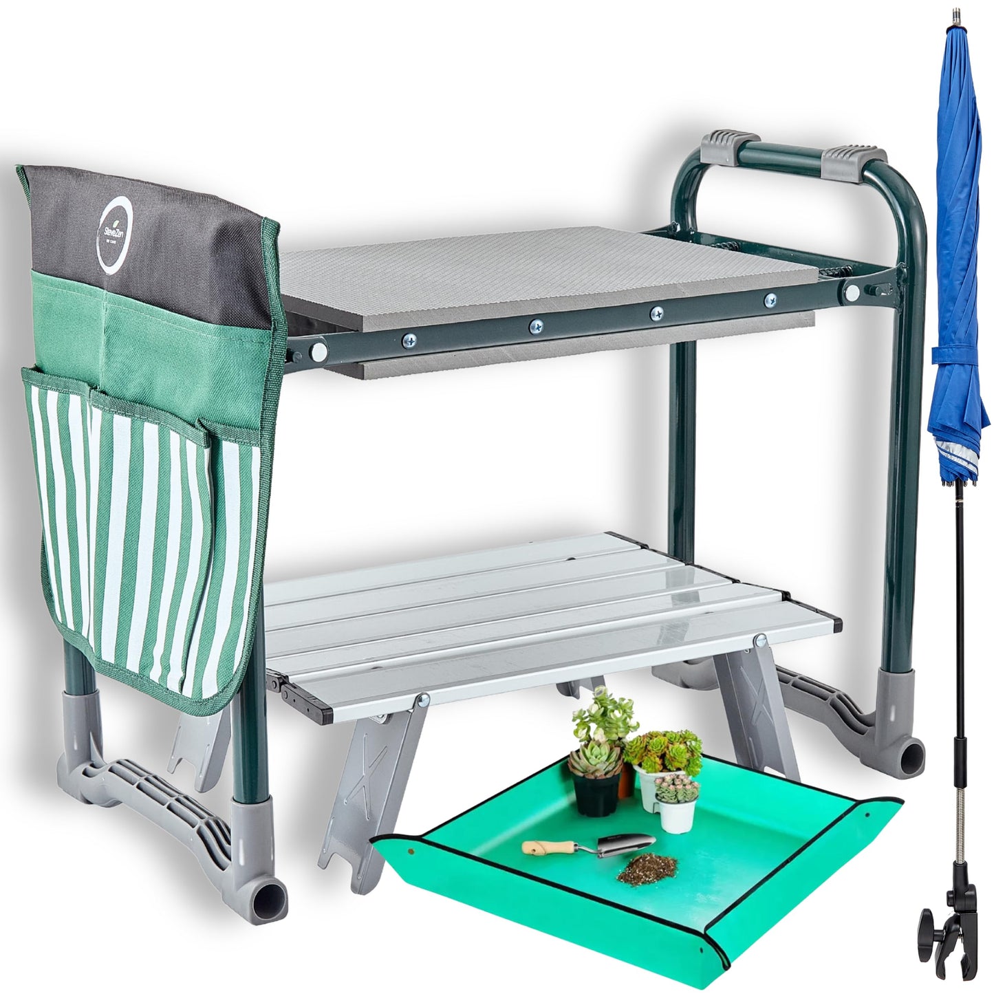 SteveZen - Garden Kneeler Seat Bench, Garden Kneeling Bench with Sunshade Umbrella, Ergonomic Handles, Folding Table, and Potting Mat, 10.2" Foam Knee Seat, Loading Capacity 330 Lbs