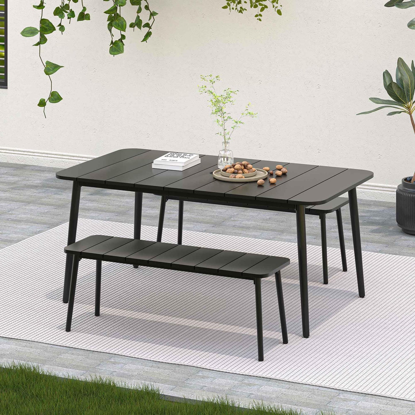 LAUSAINT HOME 3 Pieces Outdoor Patio Dining Set, Outdoor Dining Table and Chairs Set with Metal Table and Umbrella Hole,Patio Furniture Sets for Garden Backyard Deck Balcony with 2 Benches