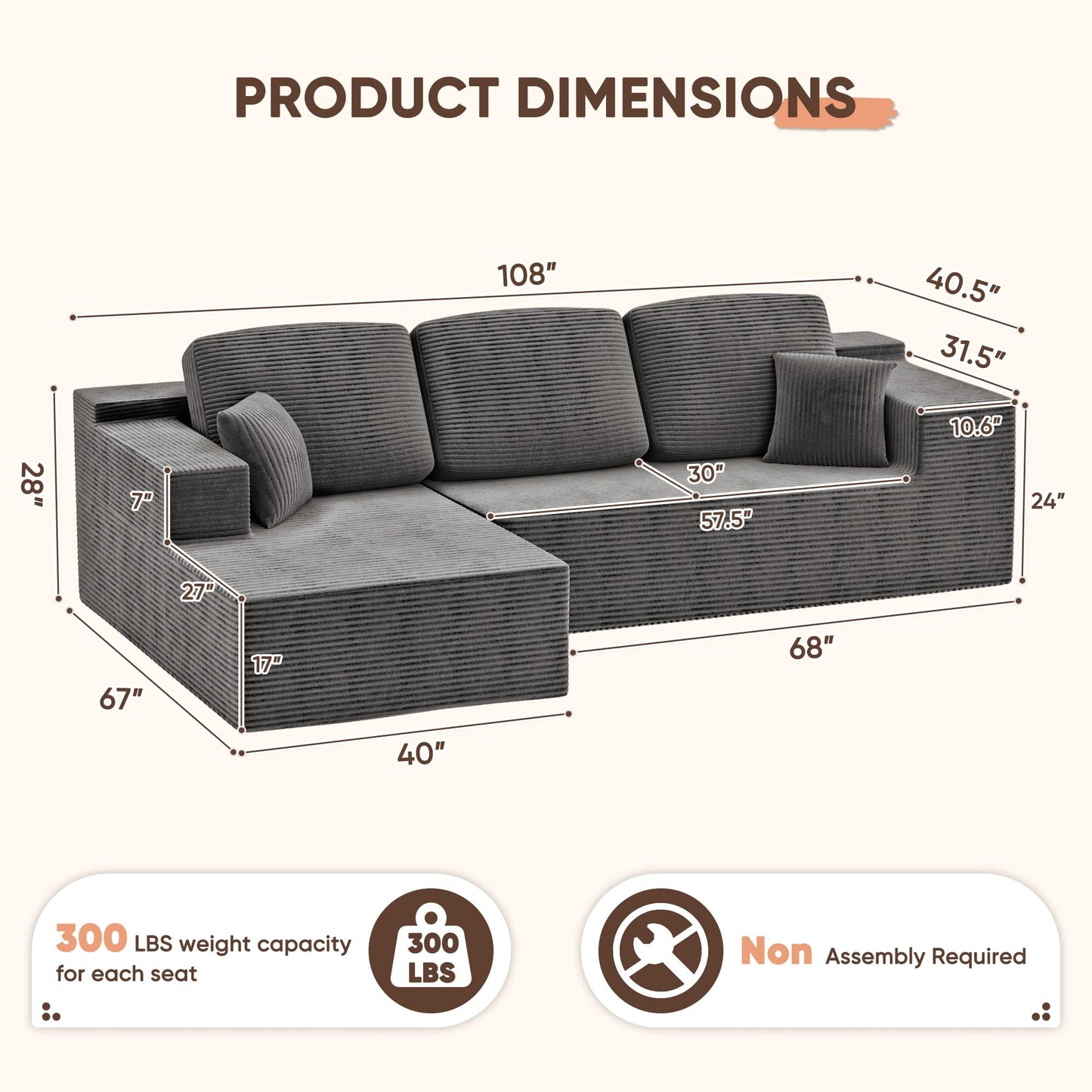 Homall 108" Modular Sectional Sofa, Boneless Couch with L-Shape Chaise, Cloud Couch with Deep Seat Upholstered, No Assembly Required for Living Room, Bedroom (Corduroy, Grey)