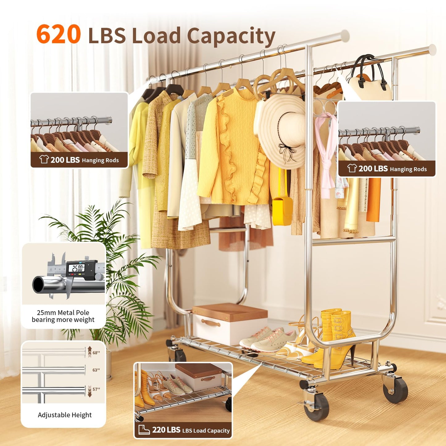 dgedby Clothes Rack Heavy Duty 620LBS For Hanging Clothes, Commercial Garment Rack Heavy Duty,Collapsible & Portable Clothes Rack with Wheels,Rolling Clothing Racks Metal Clothing Rack (CR-H)