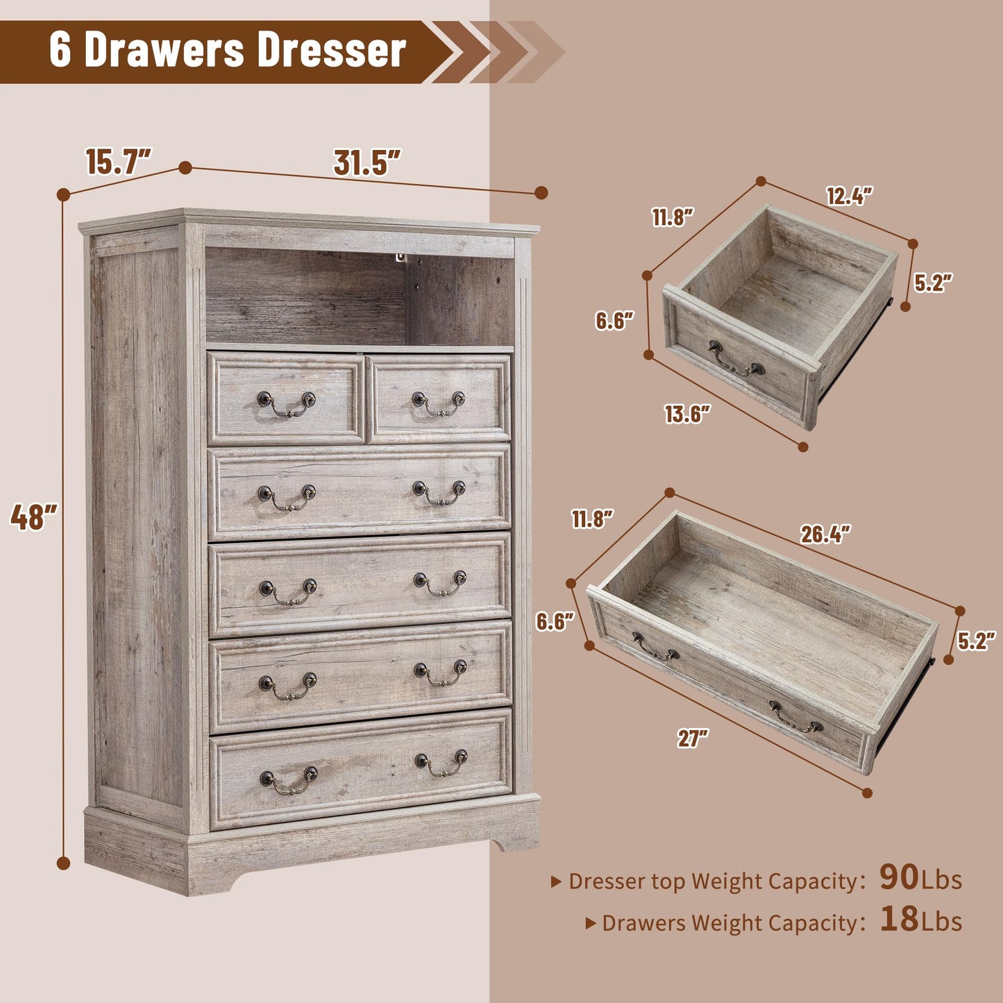 Homkdom Dresser for Bedroom with Charging Station & LED Light,Tall Dresser & Chests of Drawers with 6 Drawers,Vintage Gray
