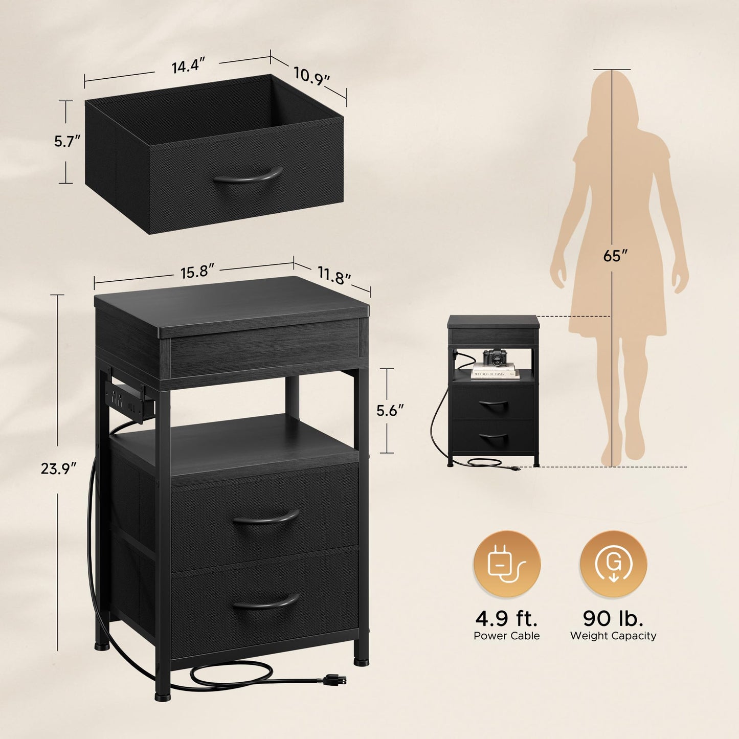 Lazzanto Nightstand Hidden Drawer Charging Table - Night Stand with Charger Station and Sliding Top Storage, Morden Bedside Table with 2 Fabric Drawers, for Dorm Living Room Bedroom, Black