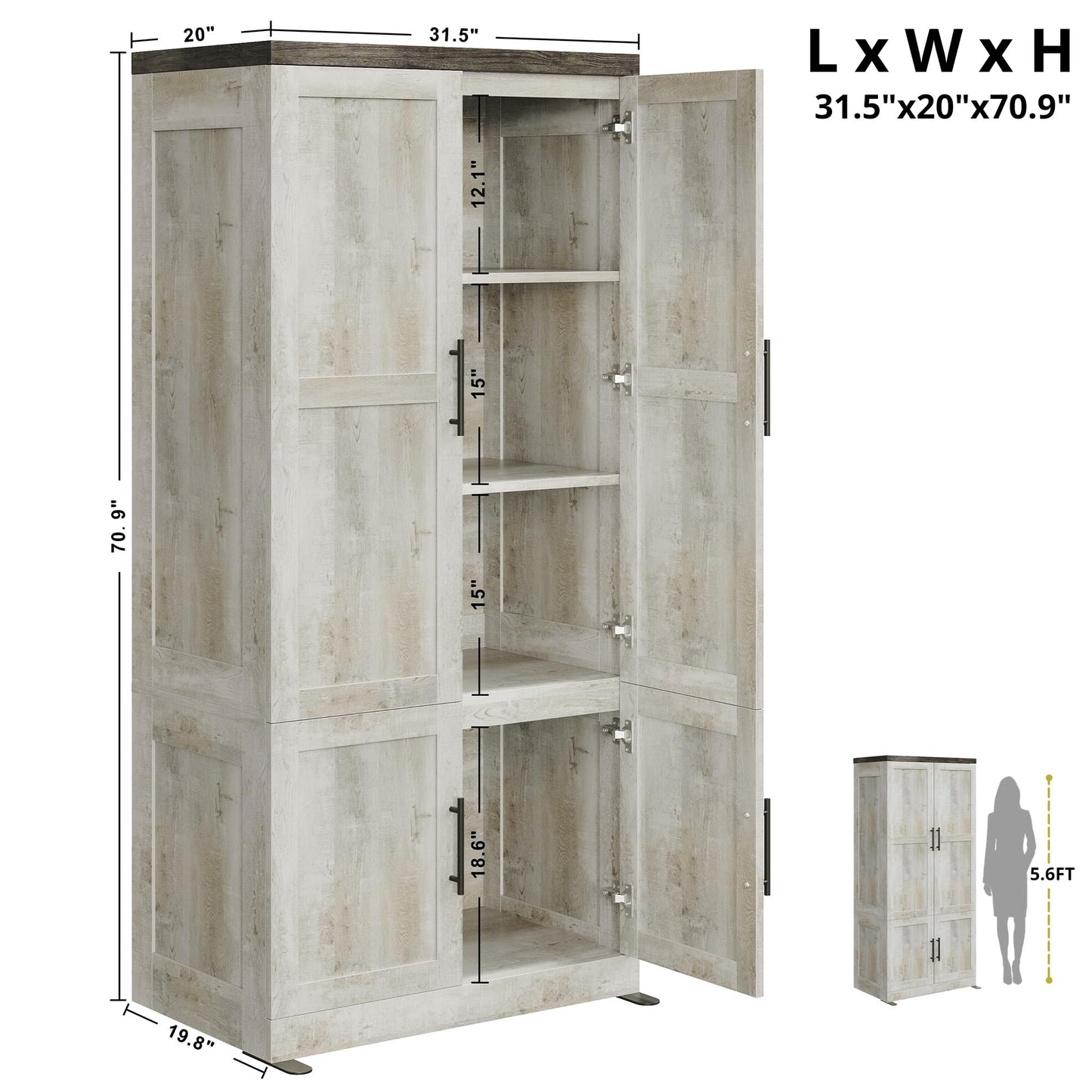 LIKIMIO Large Wardrobe Closet, Farmhouse Clothing Storage Cabinet with Hanging Rod and 2 Doors, Wooden Tall Bedroom Armoires with Storage Shelves, Rustic White