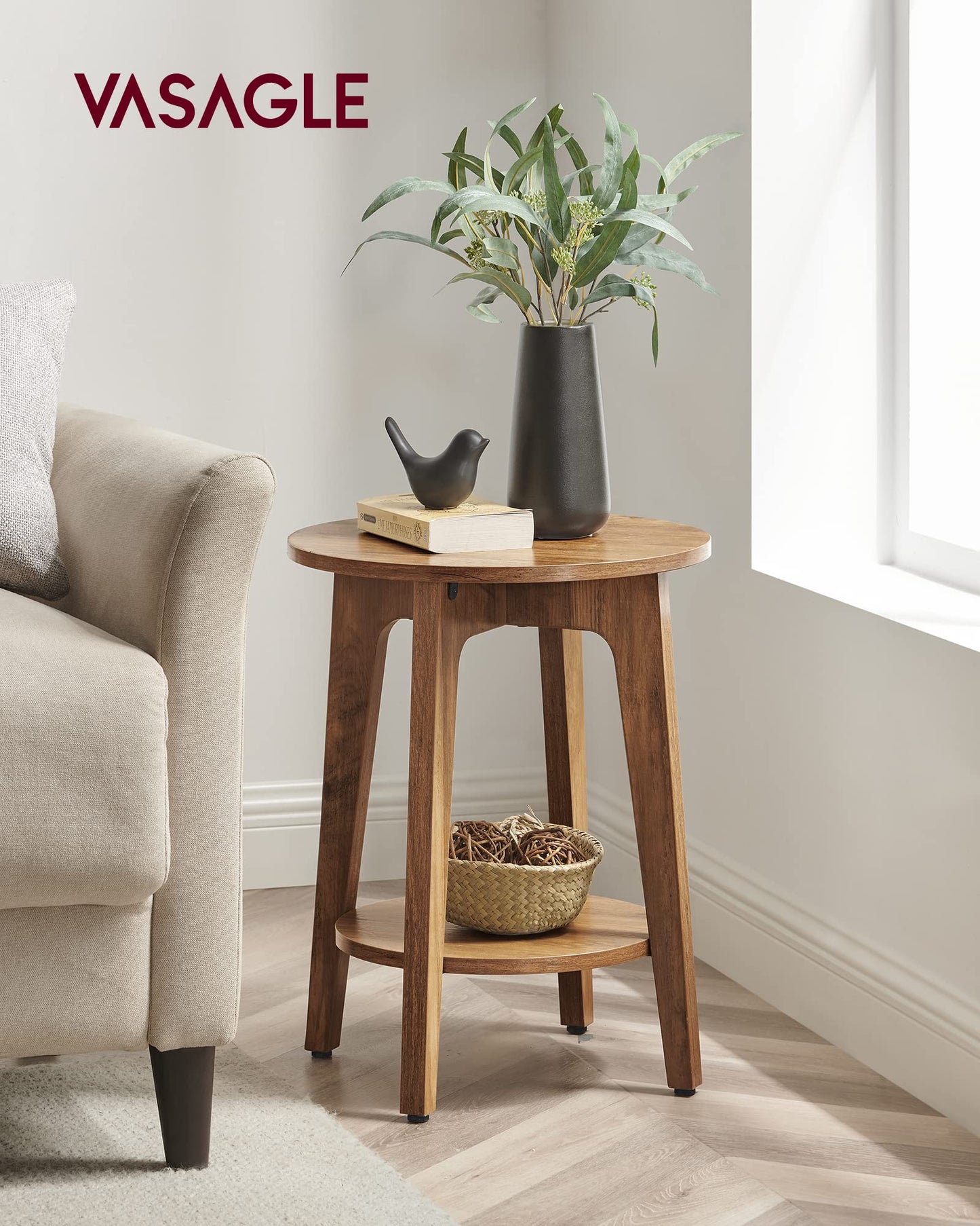 VASAGLE Side Tables, Set of 2, Small Round End Table with Lower Shelf, Nightstand for Small Spaces, Living Room, Bedroom, Rustic Walnut ULET289K01