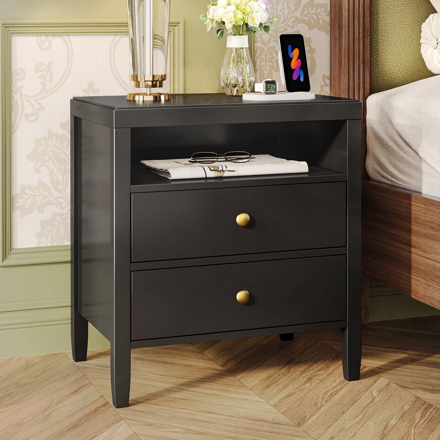 Huuger Black Nightstand with 2 Drawers, Bed Side Table for Bedroom, Modern Night Stand, Bedside Table with Storage, Metal Knobs, Painted Surface
