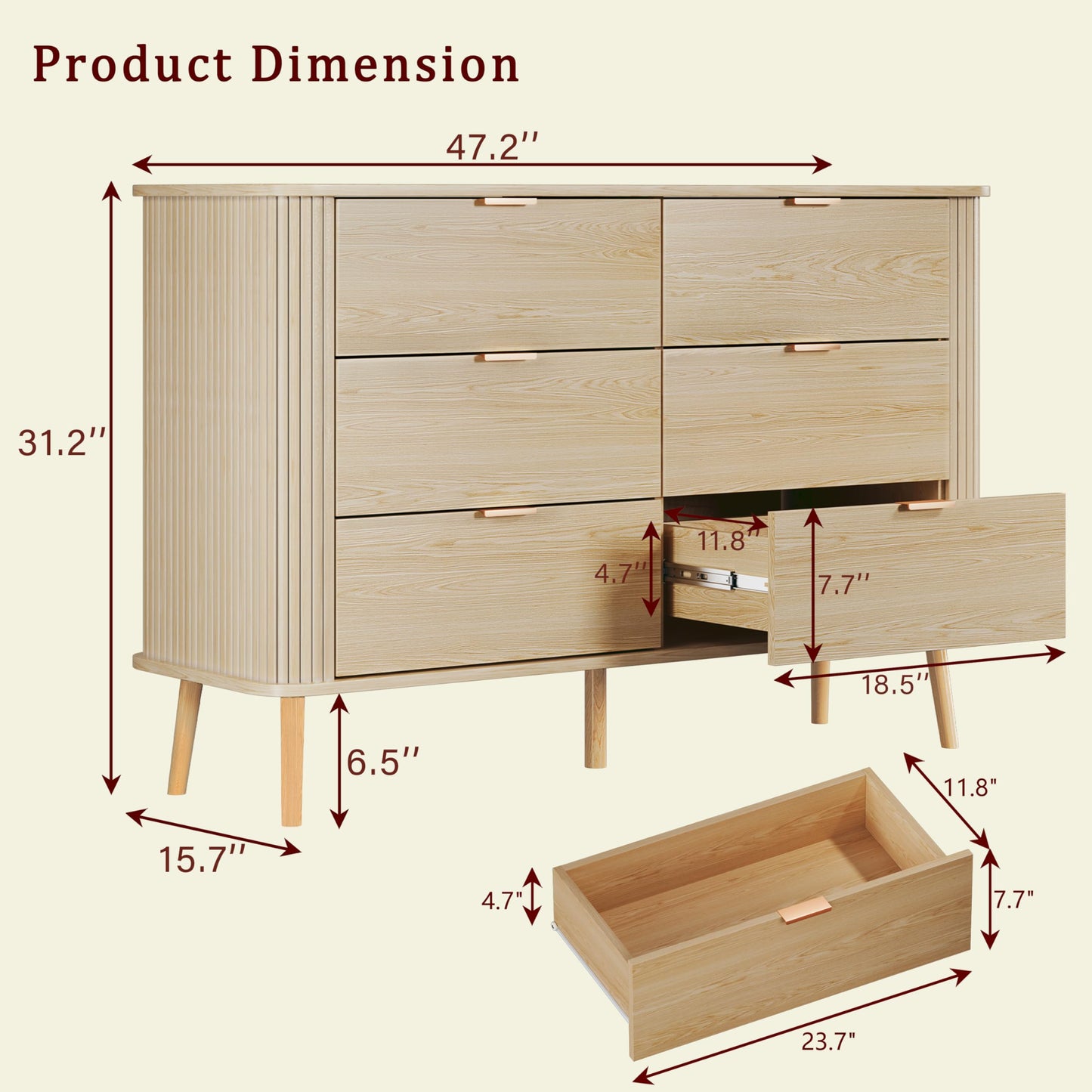 LIMGLIM Mid Century Modern Dresser, Fluted 6 Drawers Dresser for Bedroom, Curved Profile Design, Wide Wood Chests of Drawers Storage for Entryway, Hallway, Oak