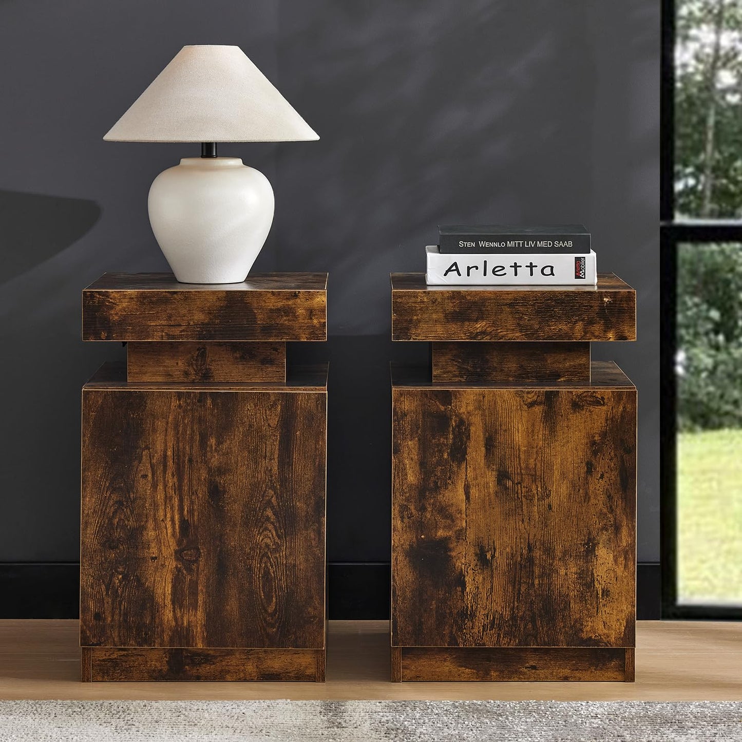 Brown Nightstands Set of 2, Modern End Table with LED Lights, Bedside Table with Large Storage, 2 Night Stands for Bedrooms