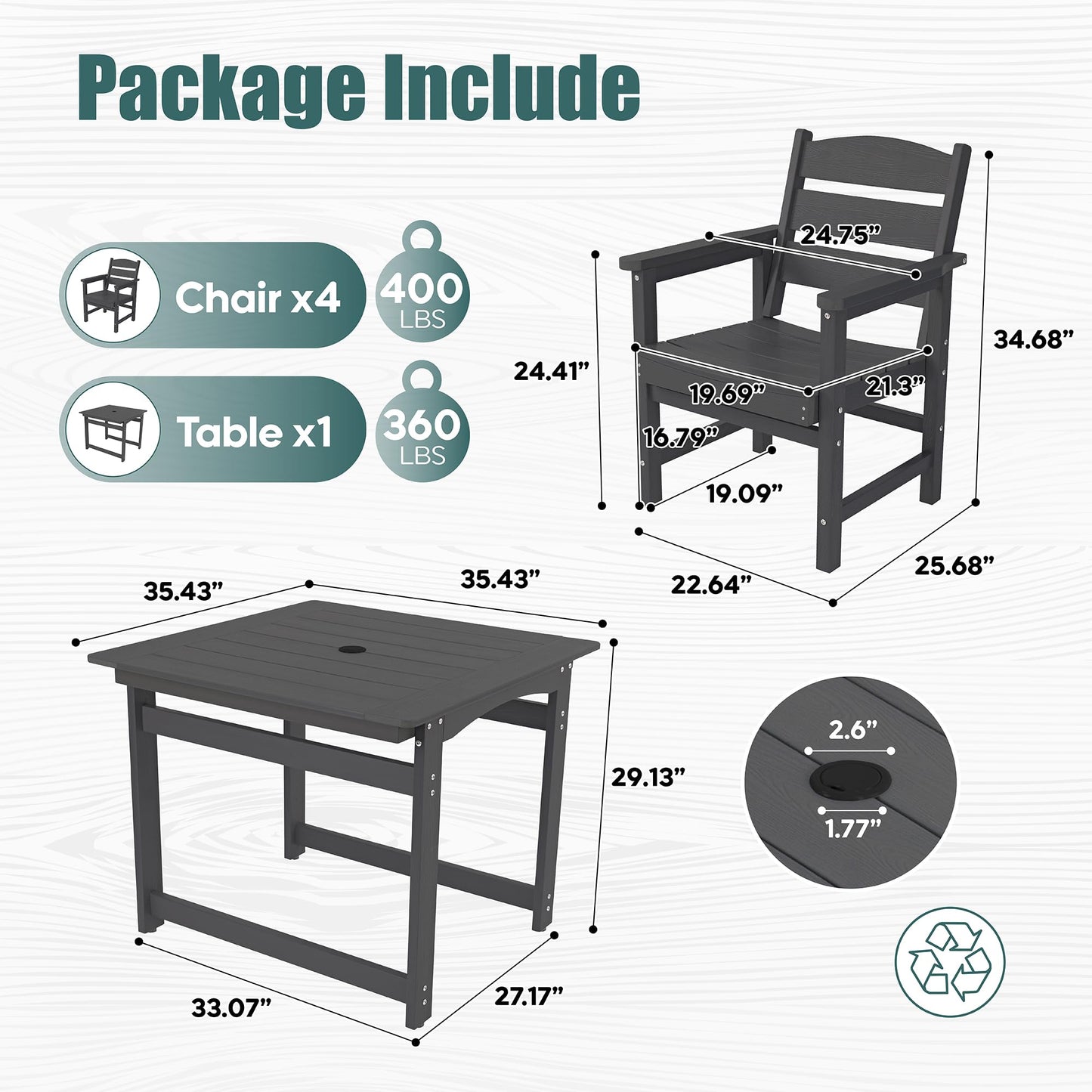 Congfutt HIPS All-Weather Patio Dining Table Sets 5-Piece,Outdoor Table and Chairs,Dining Furniture Set with Umbrella Hole,Patio Table and Chairs Sets for 4|for Lawn, Garden, Backyard, Poolside