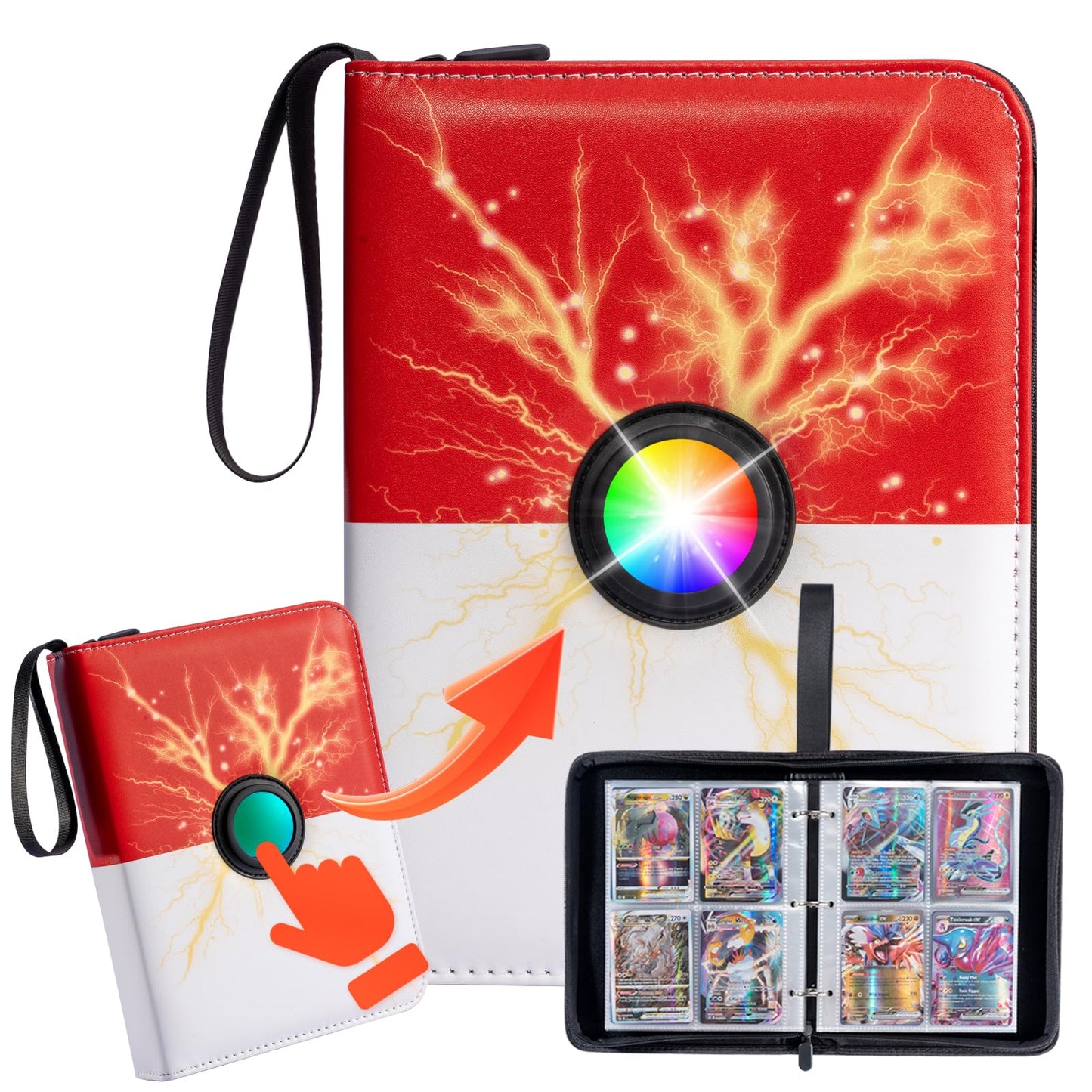 MaoKea Card Binder For Card 4-Pocket Sleeves with 440 Cards Holder,Game Collection Binder Card Holder Of Fit for TCGcard album,game card Yugioh Trading Sports Cards (Colorful Light Flashing 4 Pocket)