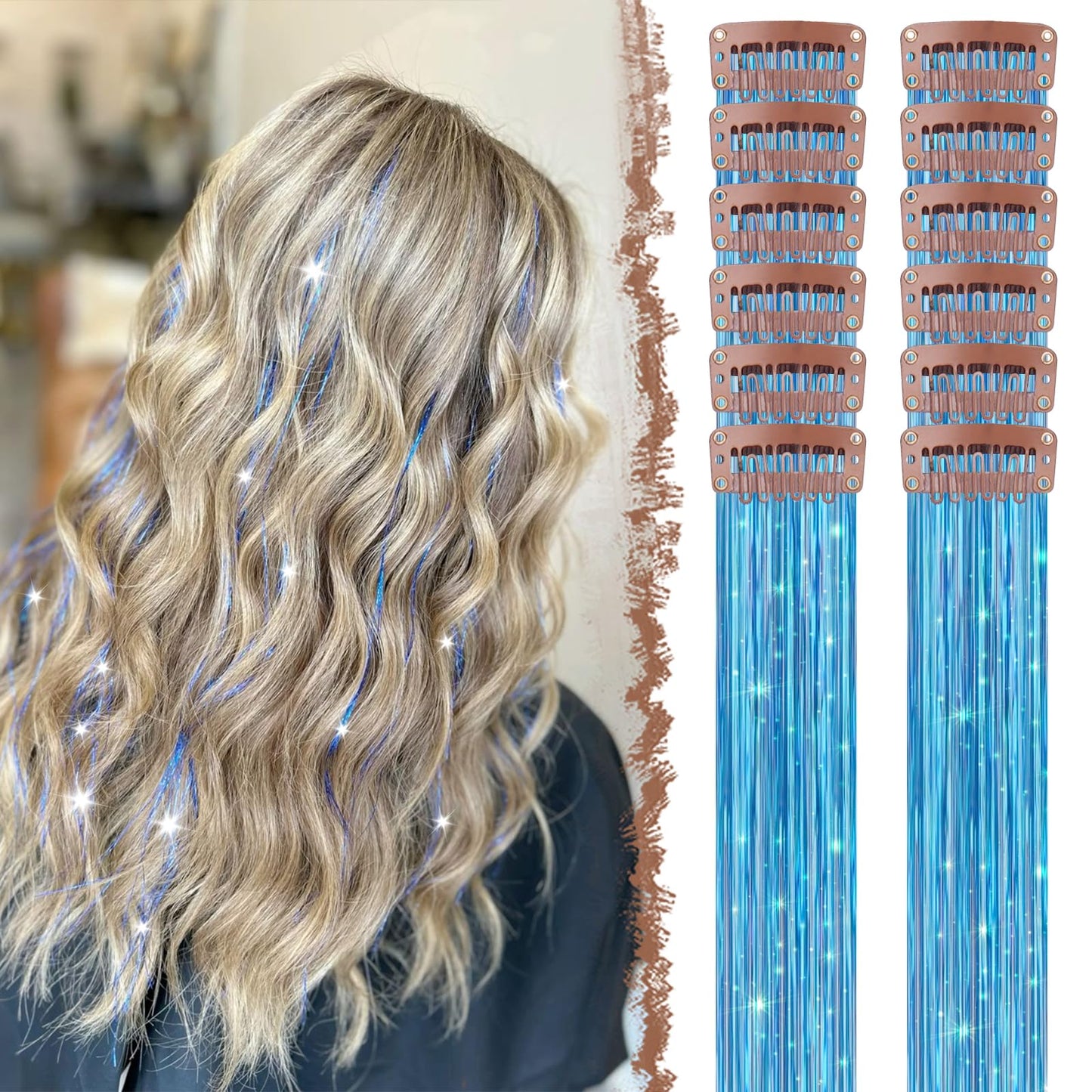 FESHFEN Clip in Hair Tinsel - 12 PCS Skyblue Clip ins Glitter Tinsel Hair Extensions Sparkle Fairy Dazzle Blue Colorful Accessories Kit for Women 20 Inch