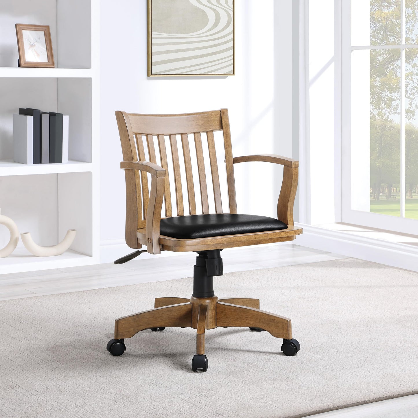 OSP Home Furnishings Deluxe Wood Banker's Desk Chair with Padded Seat, Adjustable Height and Locking Tilt, Fruitwood Finish and Black Vinyl