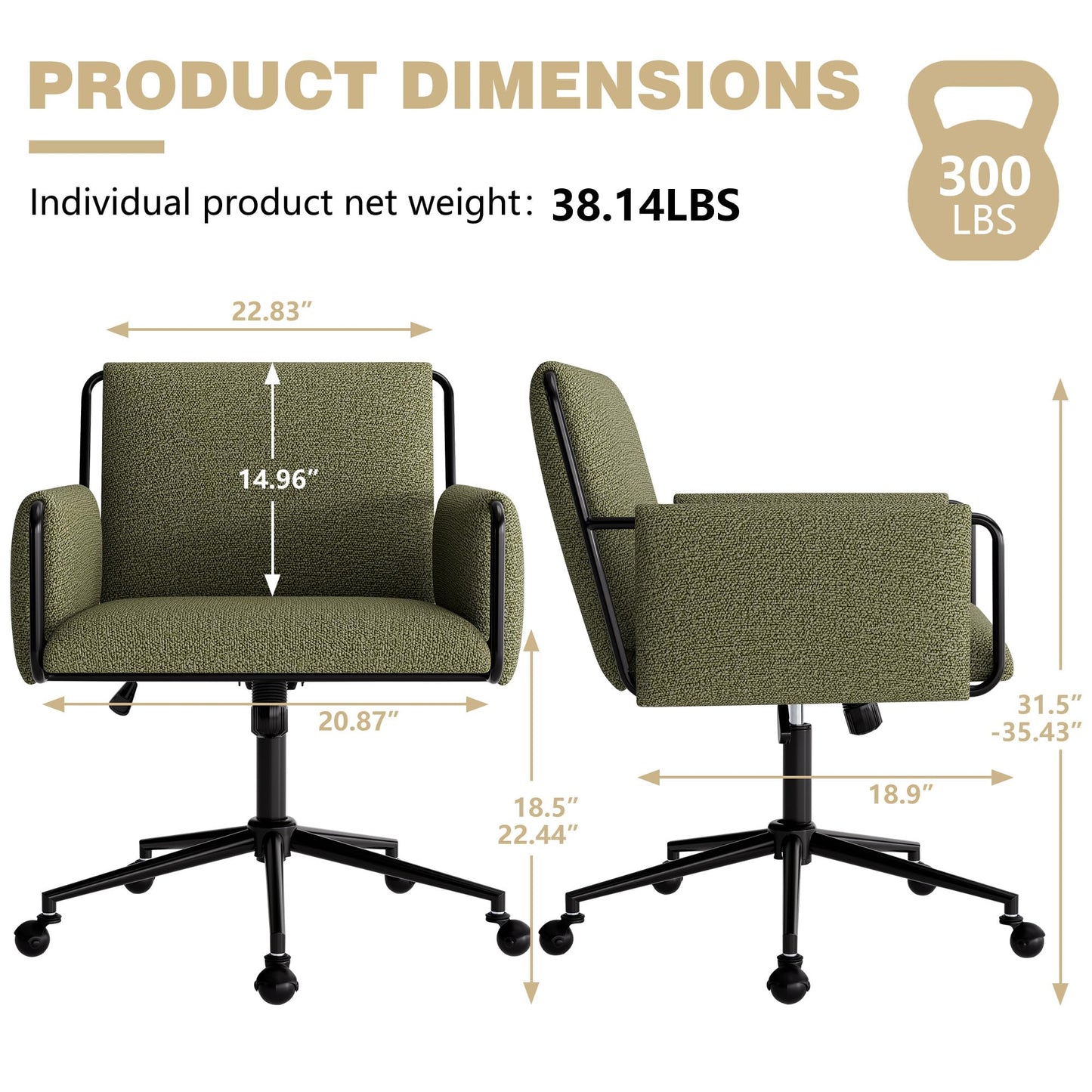 YOUTASTE Wide Office Chair with Wheels, Comfy Modern Rolling Swivel Desk Chair with Green Bouclé Fabric, Backrest, Armrests, 300 lbs Capacity, Ideal for Makeup Vanity, Computer, Study & Bedroom