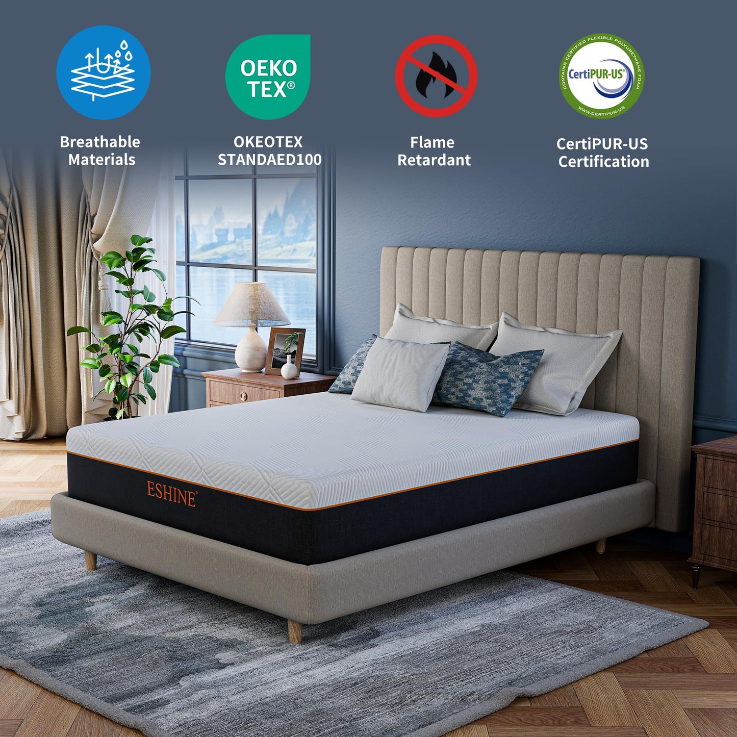 ESHINE 12 INCH Queen Memory Foam Mattress for Back Pain - Gel Foam Queen Mattresses in a Box for Pressure Relief, Green Tea Foam with Flame-Retardant Cover for Comfort Sleep, CertiPUR-US Certified