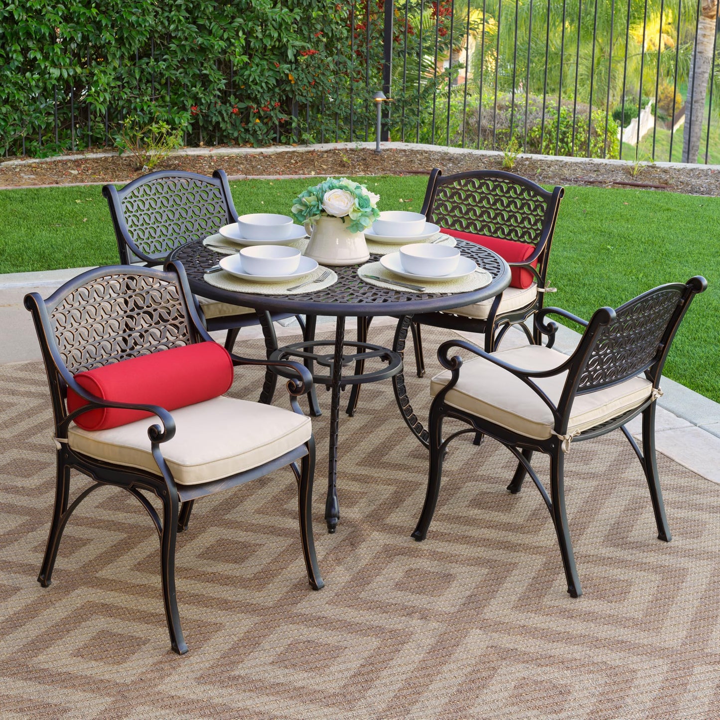 Kinger Home 5-Piece Cast Aluminum Outdoor Dining Furniture Set for 4, Round Patio Table and Chairs for 4 with Cushions, Outdoor Furniture Set with Umbrella Hole, All-Weather Patio Dining Set
