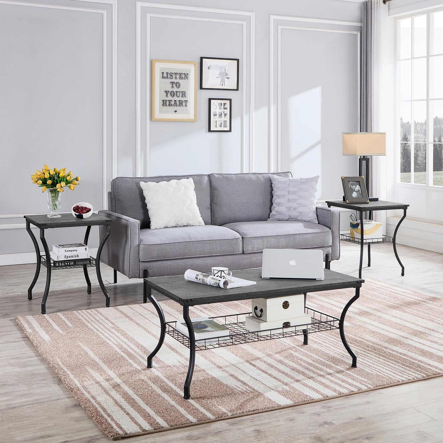 VECELO 3 Pieces Living Room Table Sets, Coffee and End Tables with Open Storage Shelves for Apartment, Home Office, Small Space, Easy Assembly, Dark Grey
