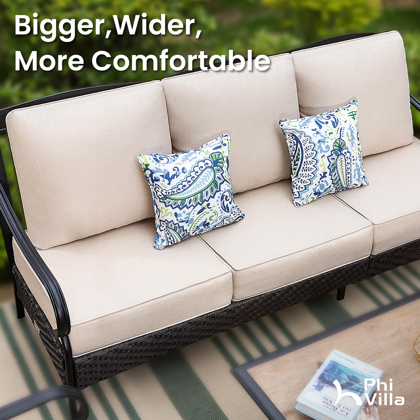 PHI VILLA Wicker & Metal Outdoor Patio Couch,3-Seat Patio Sofa with Deep Seating for Front Porch, Deck, Balcony, Backyard, Sunroom