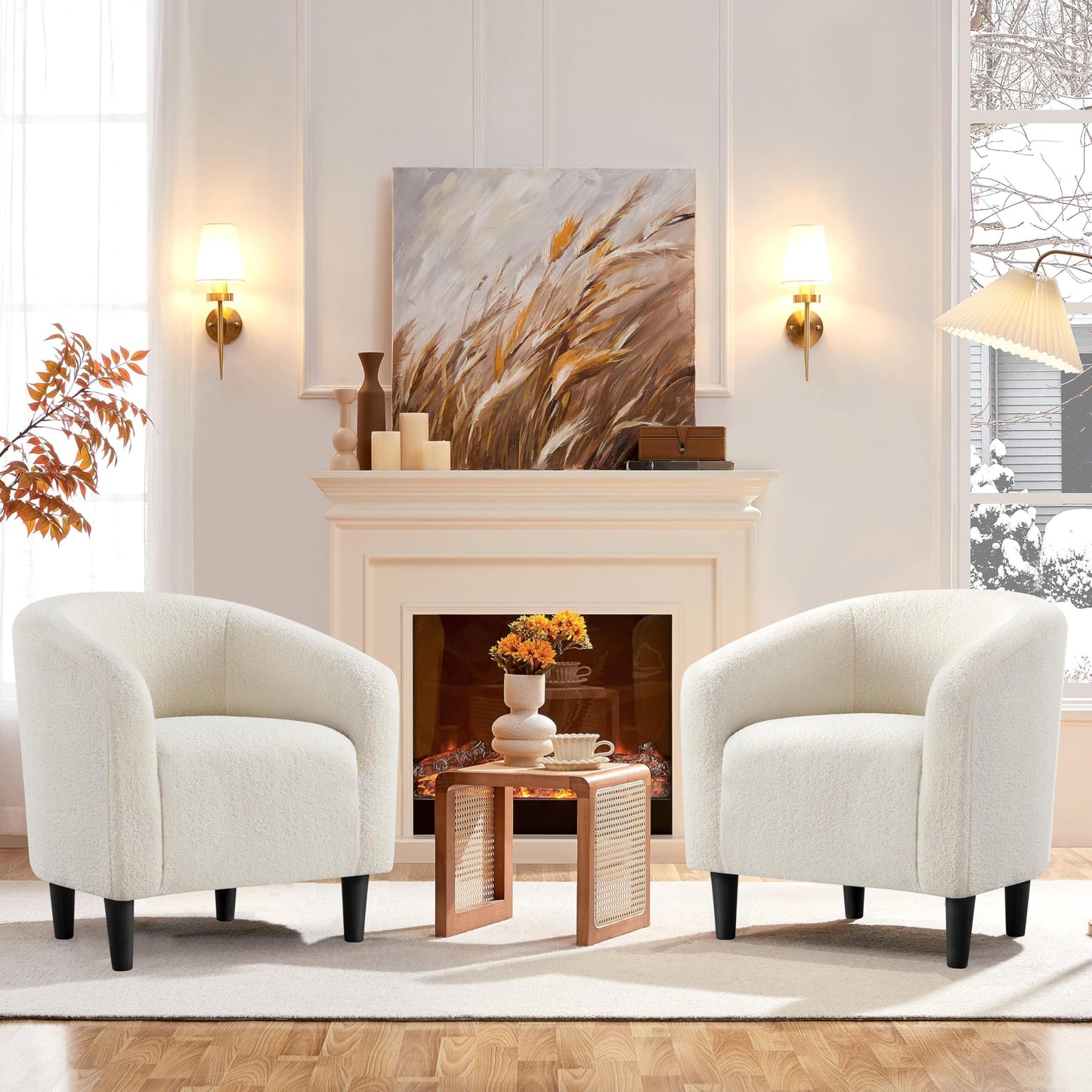 Yaheetech Barrel Chairs, Furry Accent Chairs, Sherpa Chairs with Soft Padded Armrest, Fuzzy Club Chairs for Living Room Bedroom Waiting Room Office, Accent Chairs Set of 2, Ivory