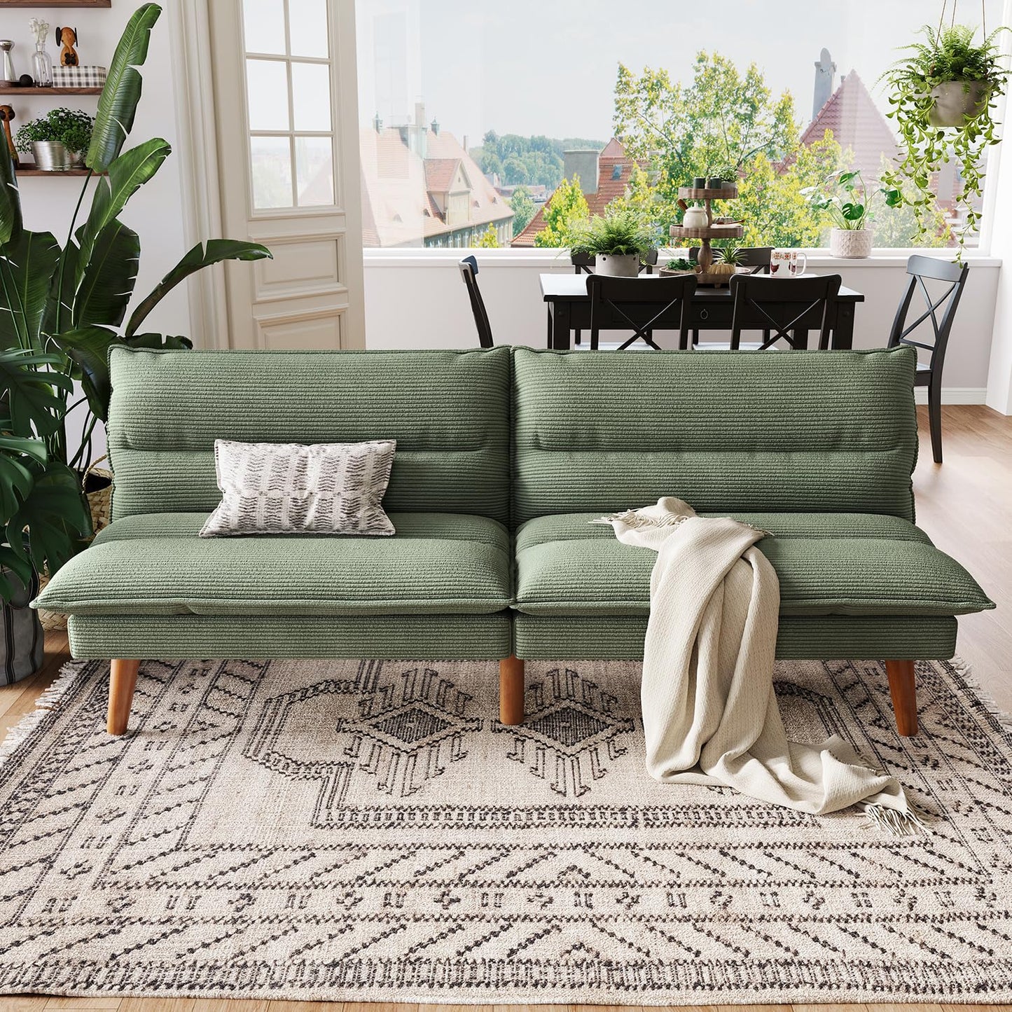 LINSY HOME Futon Sofa Bed - Convertible Corduroy Futon Couch Bed with Adjustable Backrest, Modern Small Loveseat Sleeper Sofa for Small Spaces, Living Room, Apartment or Office (Green)