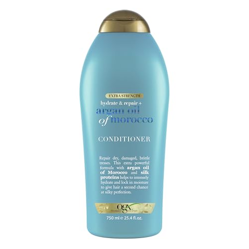 OGX Extra Strength Hydrate & Repair + Argan Oil of Morocco Conditioner for Dry, Damaged Hair, Cold-Pressed Argan Oil to Moisturize Hair, Paraben-Free, Sulfate-Free Surfactants, 25.4 Fl Oz