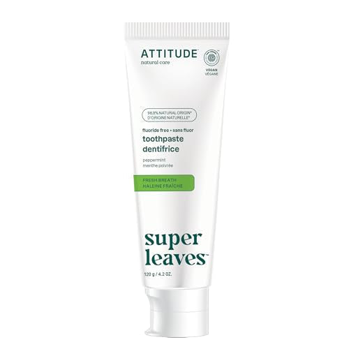 ATTITUDE Fluoride-Free Fresh Breath Toothpaste, Peppermint Flavor, Vegan & Cruelty-Free, Sugar-Free, Plant & Mineral-Based Ingredients, Clean Oral Care, 4.2 Oz