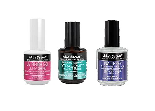 MIA SECRET - 3pc. UV Finish Gel Ultra Shine, Xtrabond Primer, and Nail Prep (0.5oz Each)