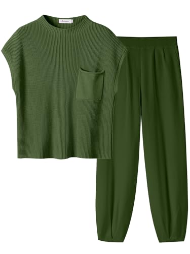 ANRABESS Women's Two Piece Outfits Knit Sweater Pullover Crop Top & Pants Lounge Matching Tracksuit Sweatsuit Sets 2024 Trendy Loungewear Clothes Pink X-Small